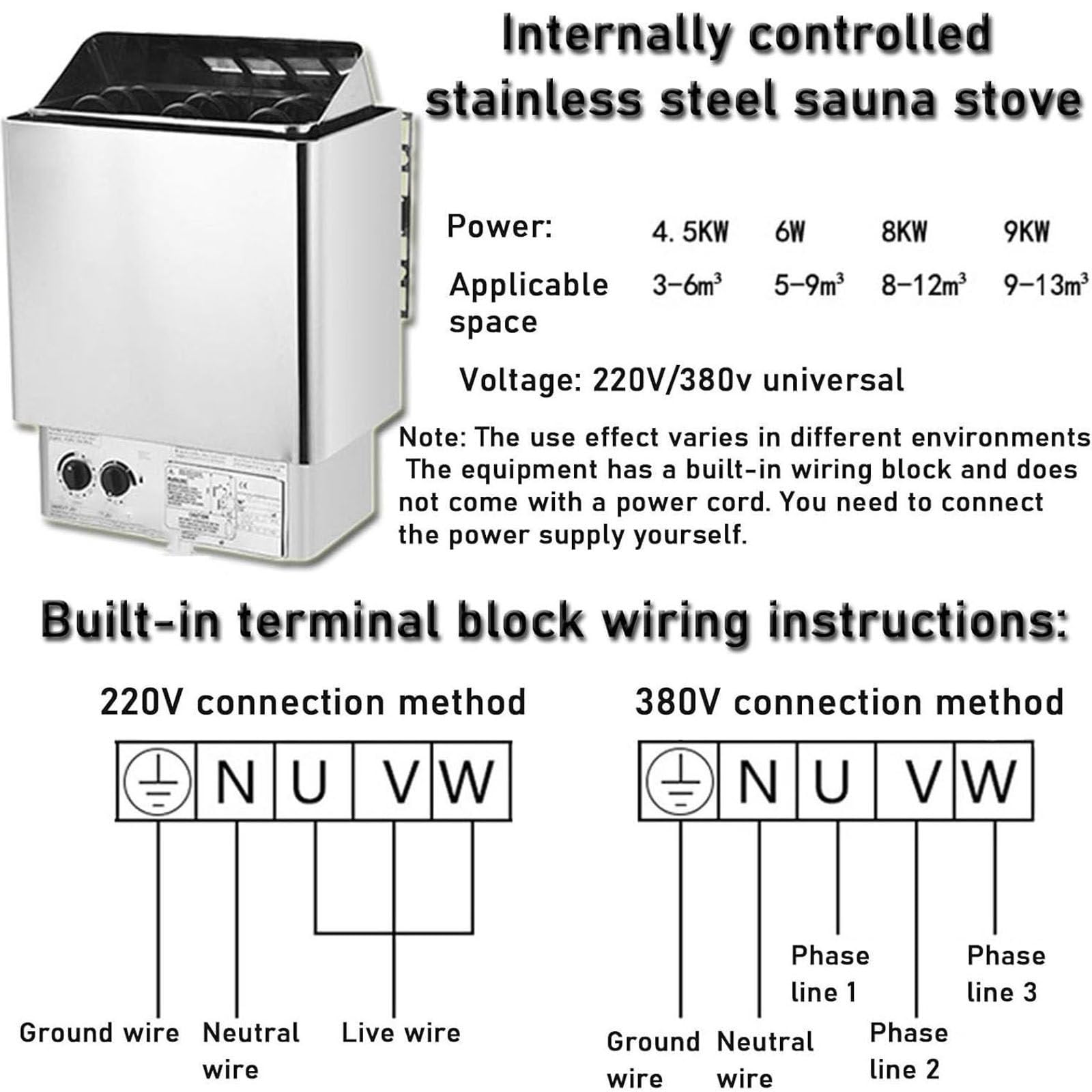 Riscaldatore elettrico per sauna da 4,5 kW-9 kW, stufa per sauna a vapore secco da 220 V con controller interno e timer per la casa, l'hotel, la sauna, la spa, il bagno,8KW
