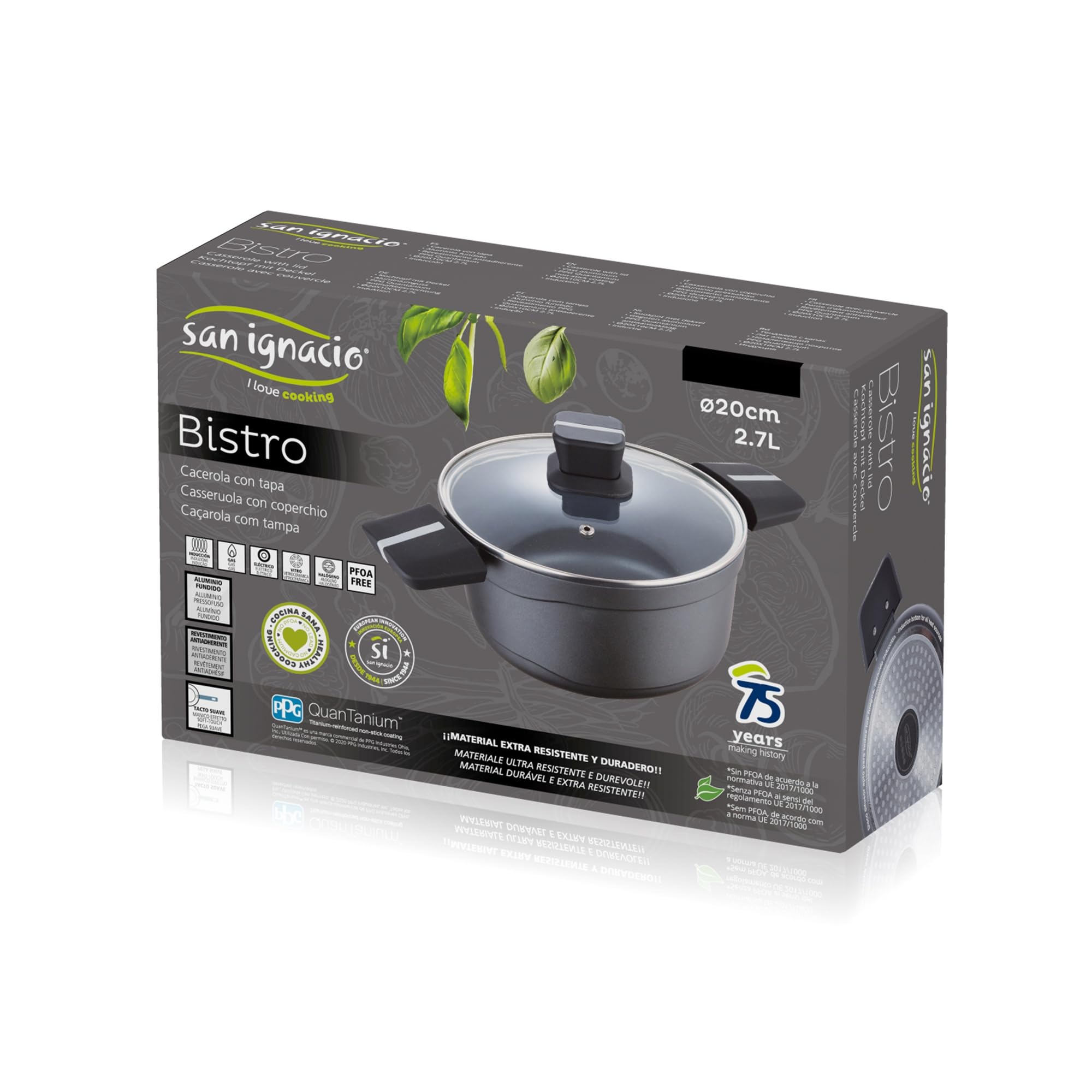 San Ignacio Bistro Grey - Cacerola con Tapa de 20cm - Fabricada en Aluminio Fundido - Interior En Acero Quantanium - Exterior En Negro Mate - Punto Inducción - Mango Soft Touch Negro