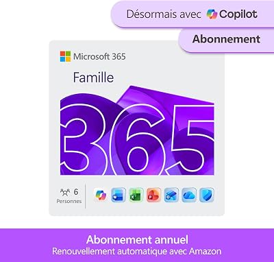 Microsoft 365 Famille | 12 mois | 6 utilisateurs | Applications Office avec IA | Jusqu’à 6To de Stockage Onedrive | Abonnement Amazon avec renouvellement automatique