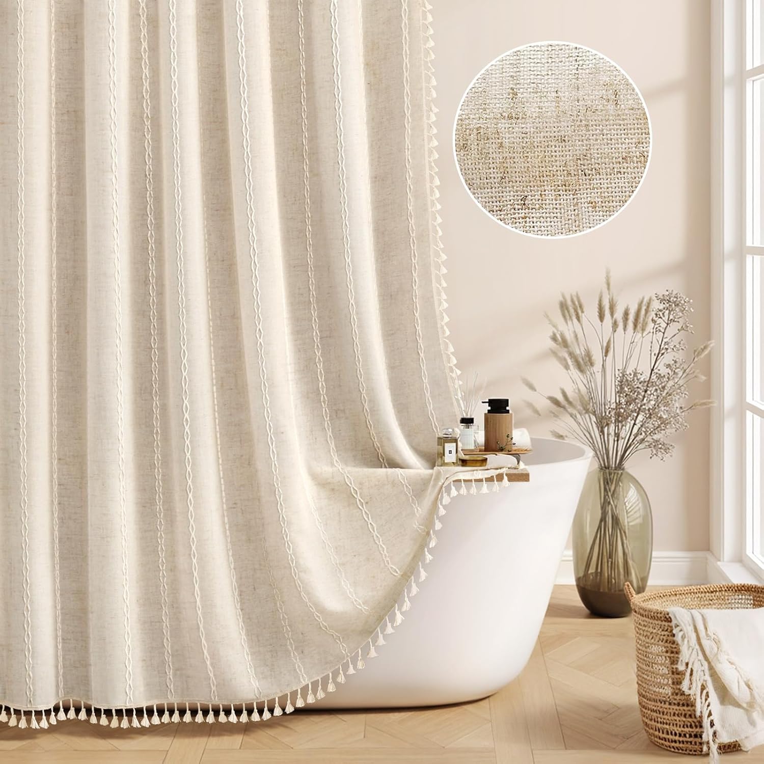 Beige Linen Shower Curtain Boho Fabric Shower Curtains for Bathroom Embroidery Woven and Tassel,Cream,72" L X 72" W