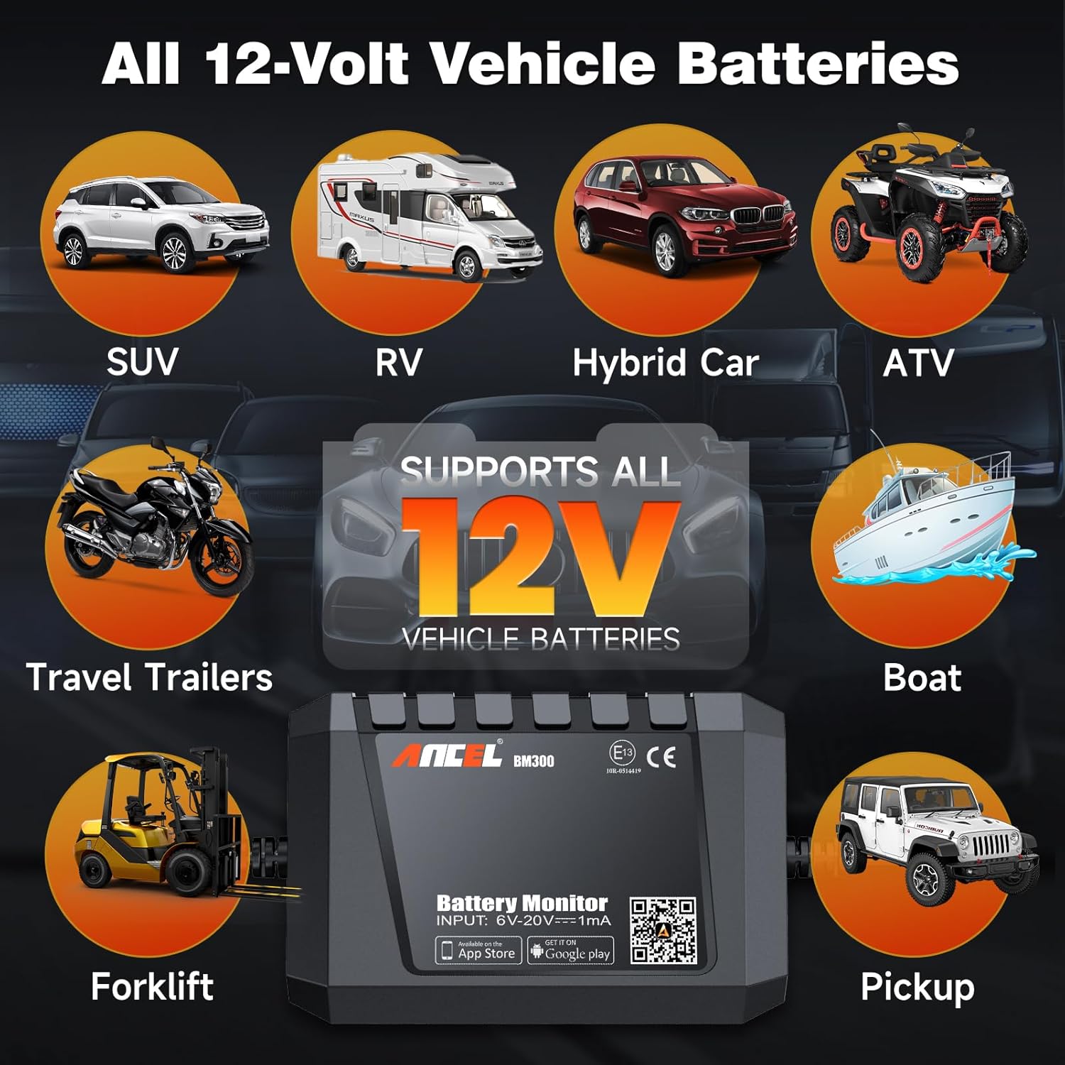 Various vehicle types (SUV, RV, Hybrid Car, ATV, Motorcycle, Travel Trailers, Forklift, Boat, Pickup) and battery types (Flooded, AGM Flat, AGM Spiral, GEL, EFB) indicating compatibility with the ANCEL BM300.