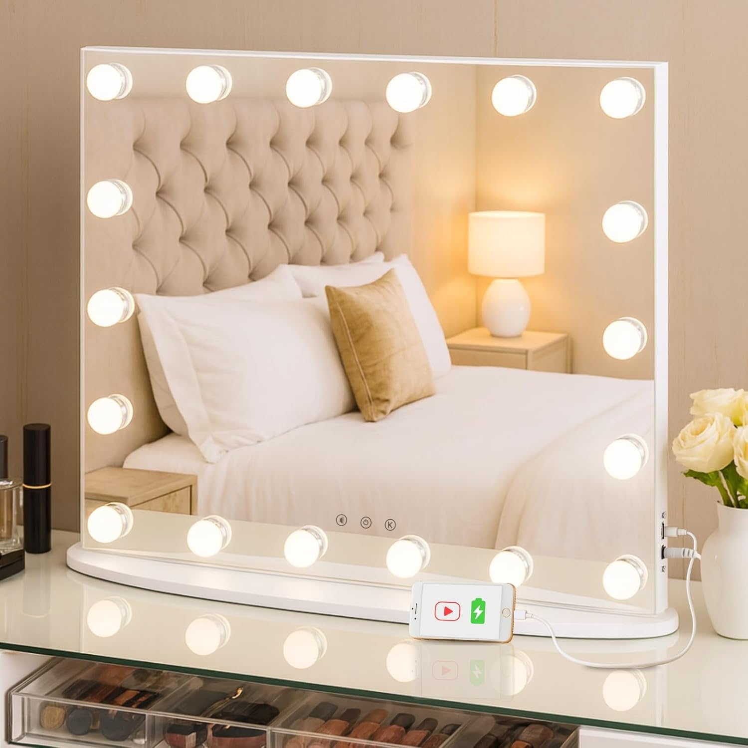 LUXFURNI Vanity Mirror with Lights, 23.6" x 19.7" Hollywood Mirror Lighted Makeup Mirror with 4 Extra Bottom Bulbs, Desk & Wall Mountable, 3 Color Modes, USB Charging