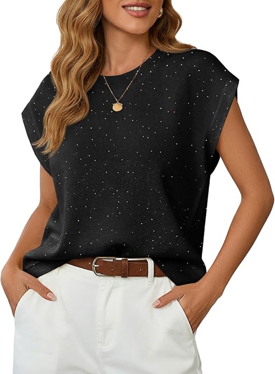 Saodimallsu Womens Short Sleeve Sweaters Sequin Cap Sleeve Knit Top Casual Crewneck Summer Trendy Vest Tops