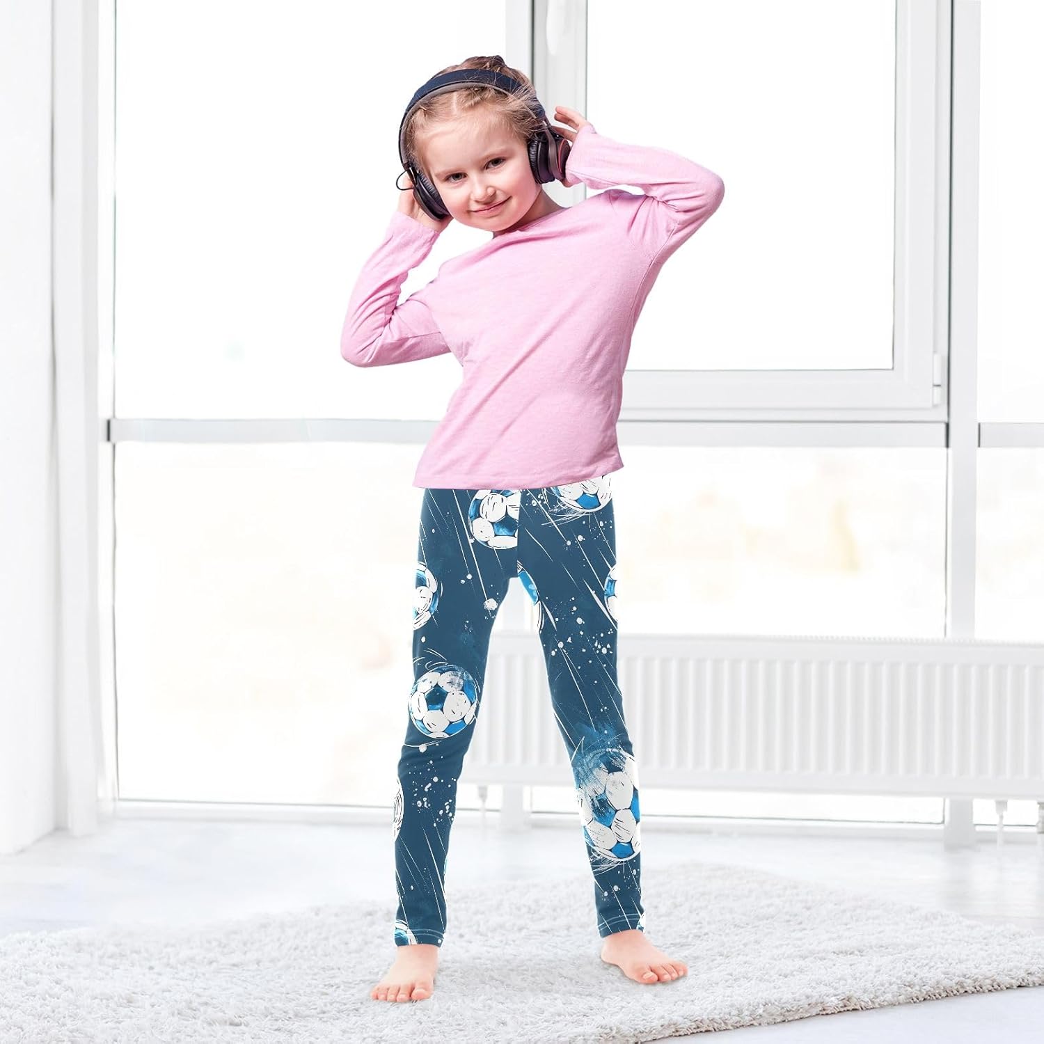 Girl Leggings White Blue Soccer Balls Yoga Pants Dance Tights Trousers Stretchy Leggings