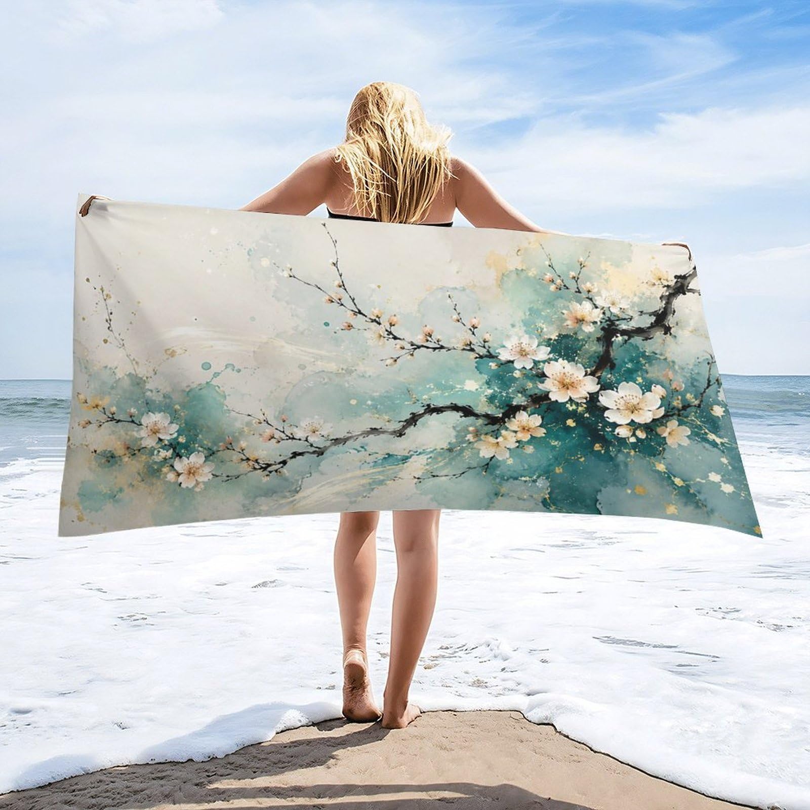 Anceky Cherry Blossom Branch Watercolor Beach Towel 32"×63",Soft Microfiber Bath Towel Shawl, Quick Dry Absorbent Pool Spa Gym Shower Towel