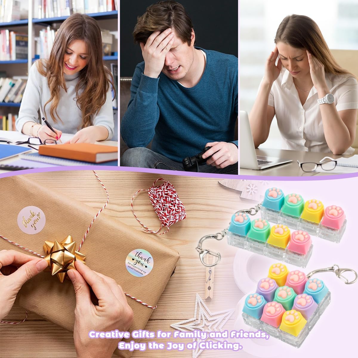 3 Pcs Keyboard Fidget Toy for Adult, Cute Loud Fidget Keyboard Keychain, Light Up Keyboard Clicker Fidget Toy, Cat Paw Button Fidget Clicker Sensory Toys for Ideal Anxiety Stress Relief Gift