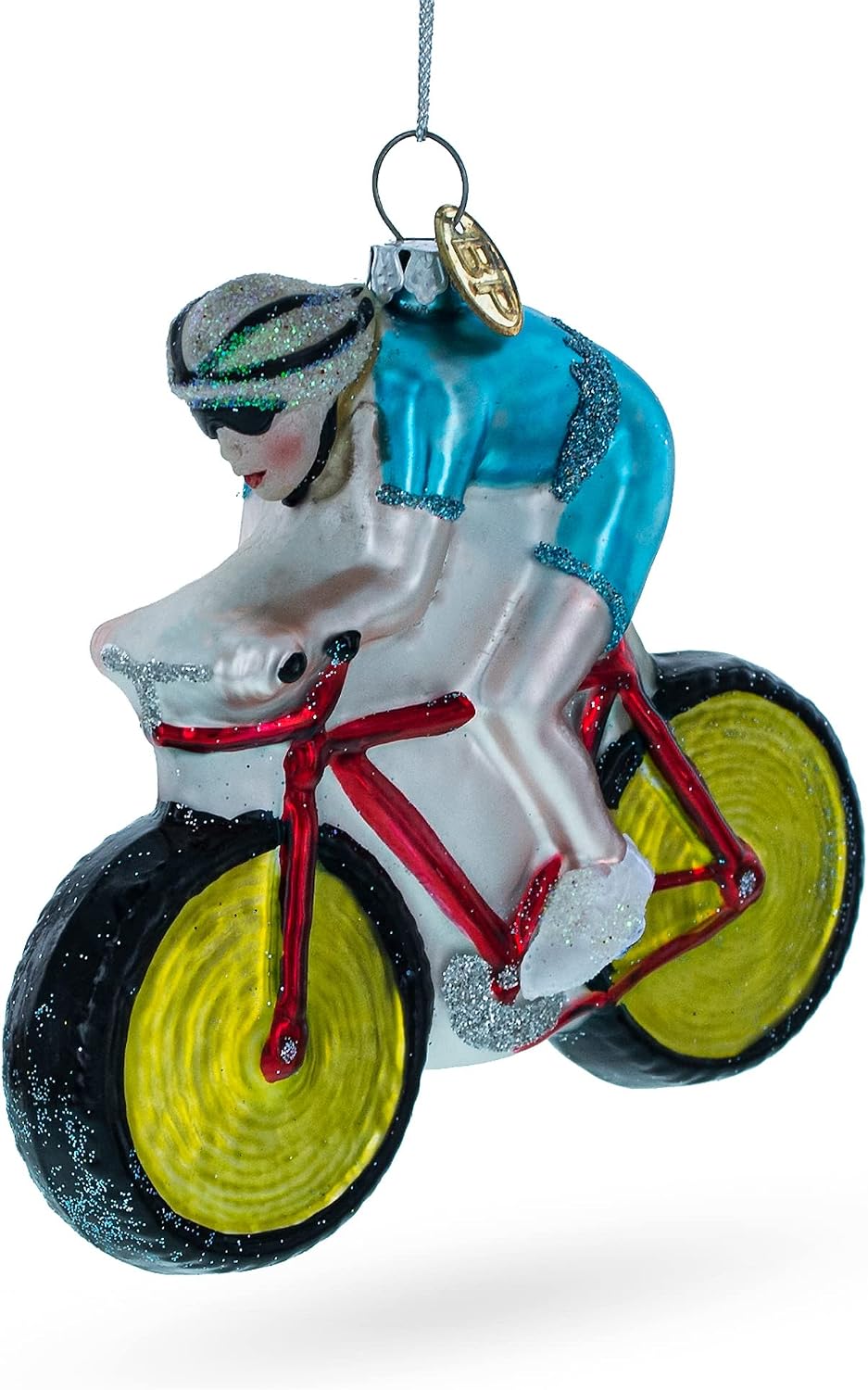 Cycling Sportsman on Bicycle Glass Christmas Ornament