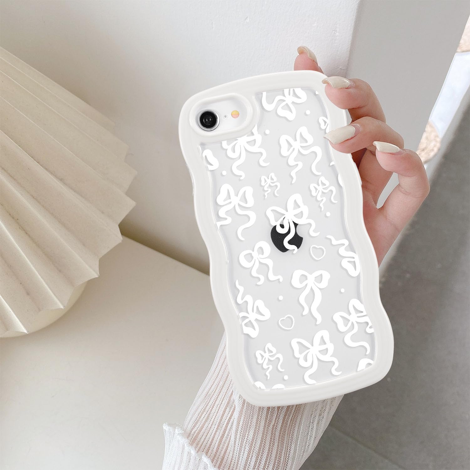 QLTYPRI for iPhone 7/8/SE Case, Curly Wave Frame Clear Phone Case with Aesthetic Bow Design for Girls Women, Clear Soft Silicone TPU Bumper Shockproof