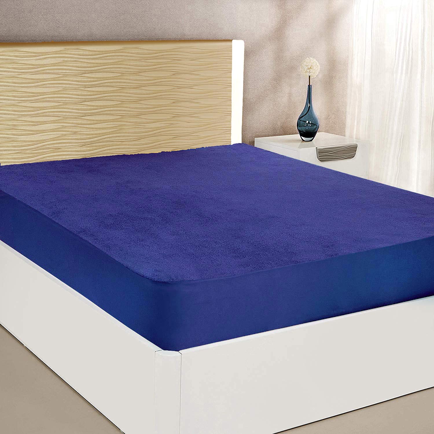 Terry Waterproof Mattress Protector with Elastic Skirting- Single Size, Blue (36"x75")-image-23