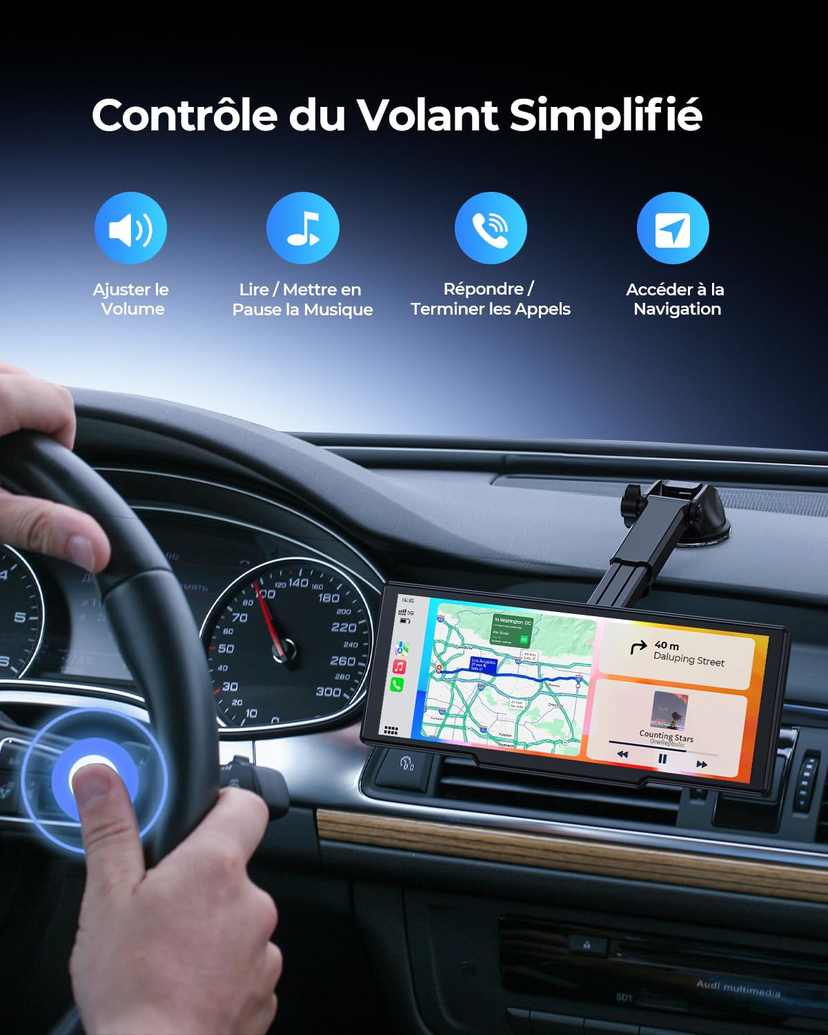 Écran CarPlay Portable sans Fil 8,1" 60 fps pour Apple CarPlay & Android Auto, mises à Jour OTA, caméra de recul, Mirror Link, Bluetooth, Commande vocale, Navigation GPS