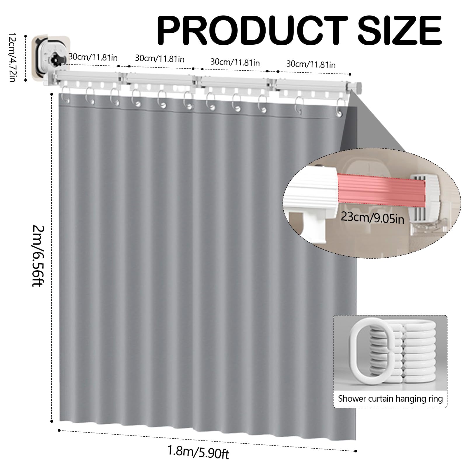 Bastone Per Tenda Doccia Pieghevole, Set Aste Per Tenda Doccia Pieghevole A 4 Vie Con Ventosa 1,8X2,0M TendaDoccia Impermeabile Senza Fori Asta 162cm Forma L/U A Forma Scala Dritto (Grigio, 4 Volte)