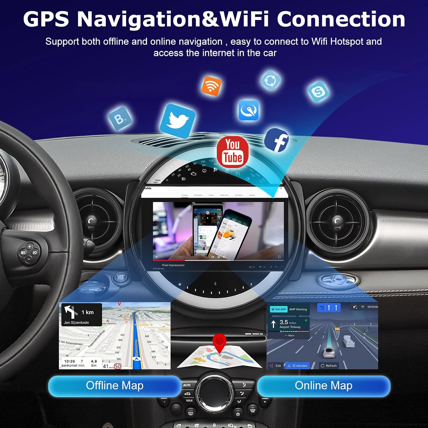 Image showing GPS navigation with both offline and online map options, alongside various social media and streaming app icons.