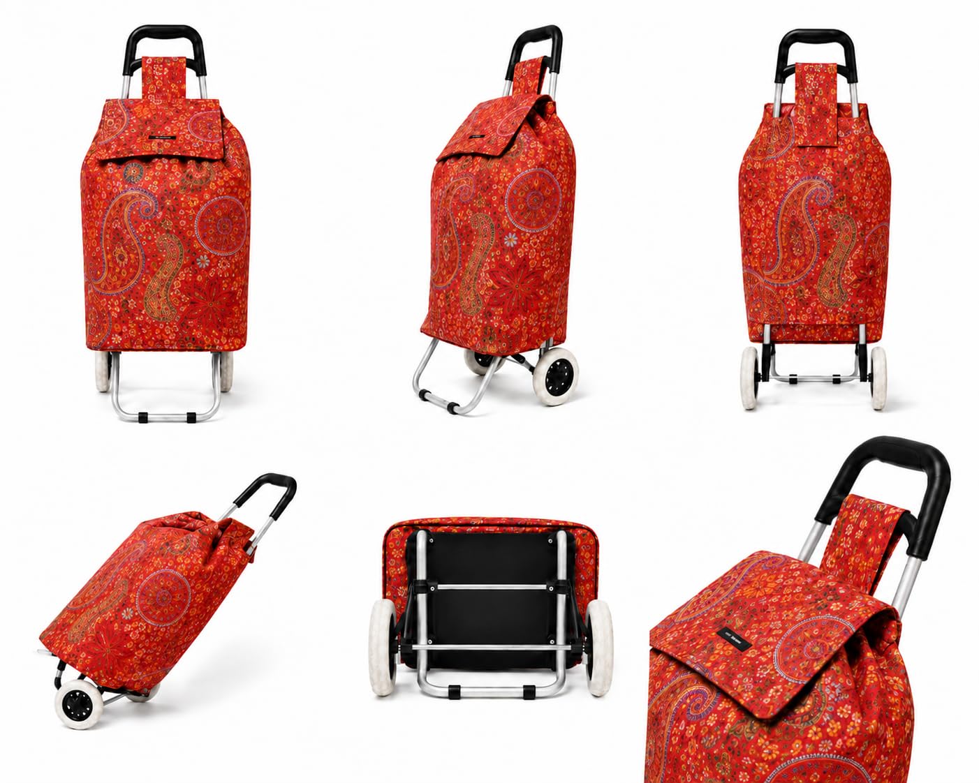 Two Wheeler Shopping Trolley on Wheels, 57L Foldable Large Capacity 2 Wheel Grocery Granny Cart with Secure Lid Shopping Bags for the Elderly, Laundry, 30kg Limit (Flower Red)