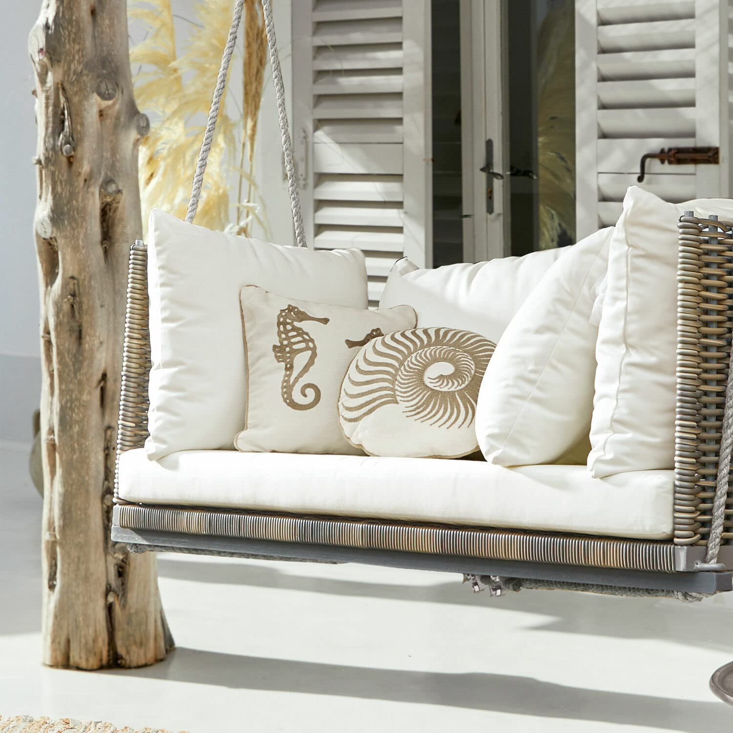 Loberon Bristol Coppia di Cuscini - Tessuto in Lino Naturale - Ricamato a Mano, Bianco/Talpa