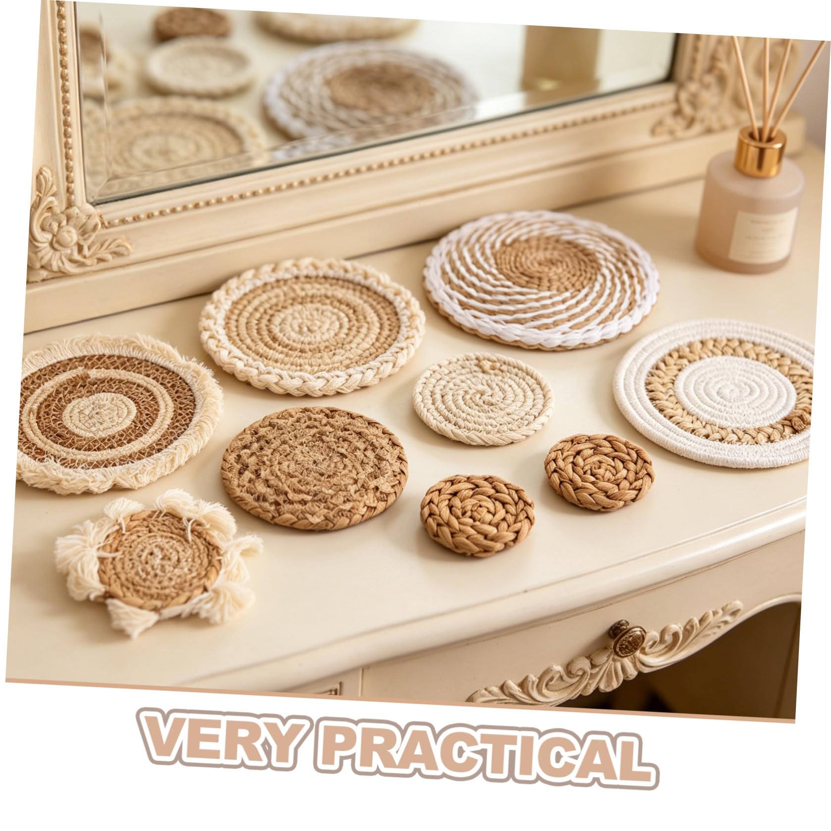 Decoración de Pared y Fácil de Colgar Bohemia Conjunto de 7 Piezas Hecha a Mano en Ratán Beige, Redonda Estilo Rústico y Moderno para Dormitorio
