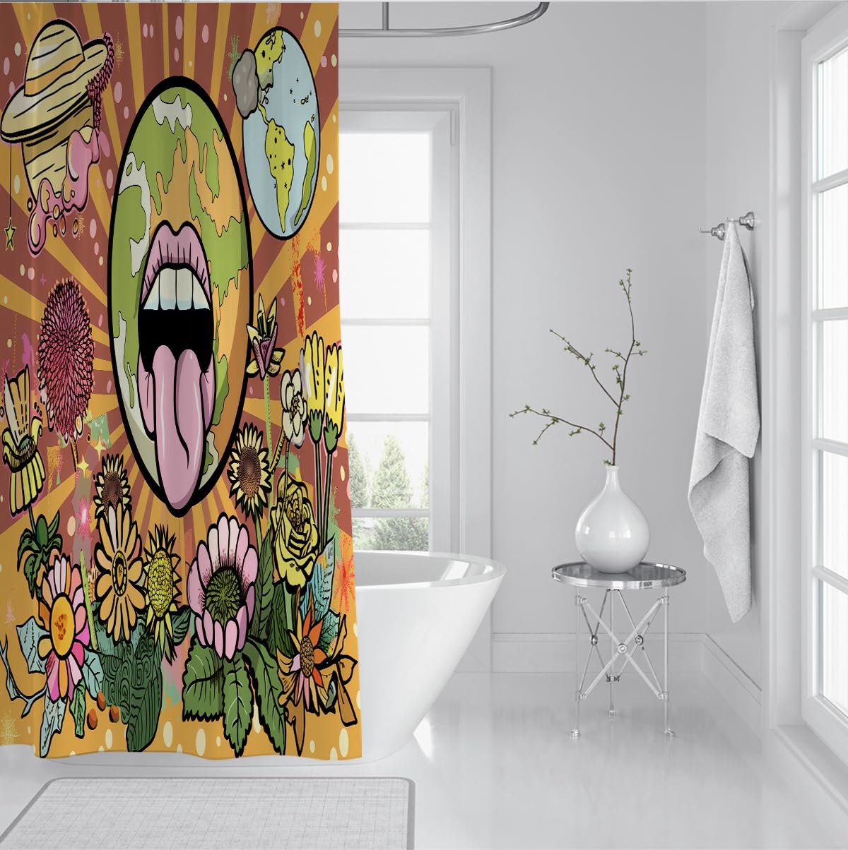Rideau de Douche Bouche Florale Graffiti Hippie rétro 180 x 180 cm