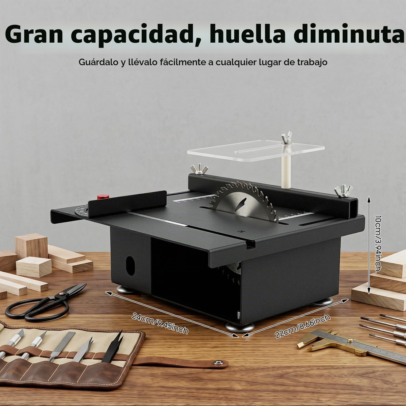 Mini sierra circular de mesa 10.000 rpm multifuncional para carpintería 200 W, 7 velocidades de rotación ajustable, diámetro de la hoja de sierra de 110 mm, con cepillo, placa de impacto, para corte
