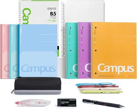 KOKUYO College Stationery Kit, B5 Smart Ring Binder+Graph Paper, 6 Notebooks Wide+Flat, 0.9mm Mechanical Pencil, 4 Gel Pens 0.5mm Black, Correction Tape, Eraser, Pencil Pouch for College & Office