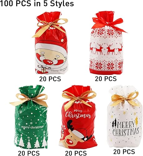 Miniatura 4 de DEAYOU 100 bolsas de Navidad, bolsas de plástico para dulces de Navidad con lazos para regalo, recuerdo de fiesta, boda