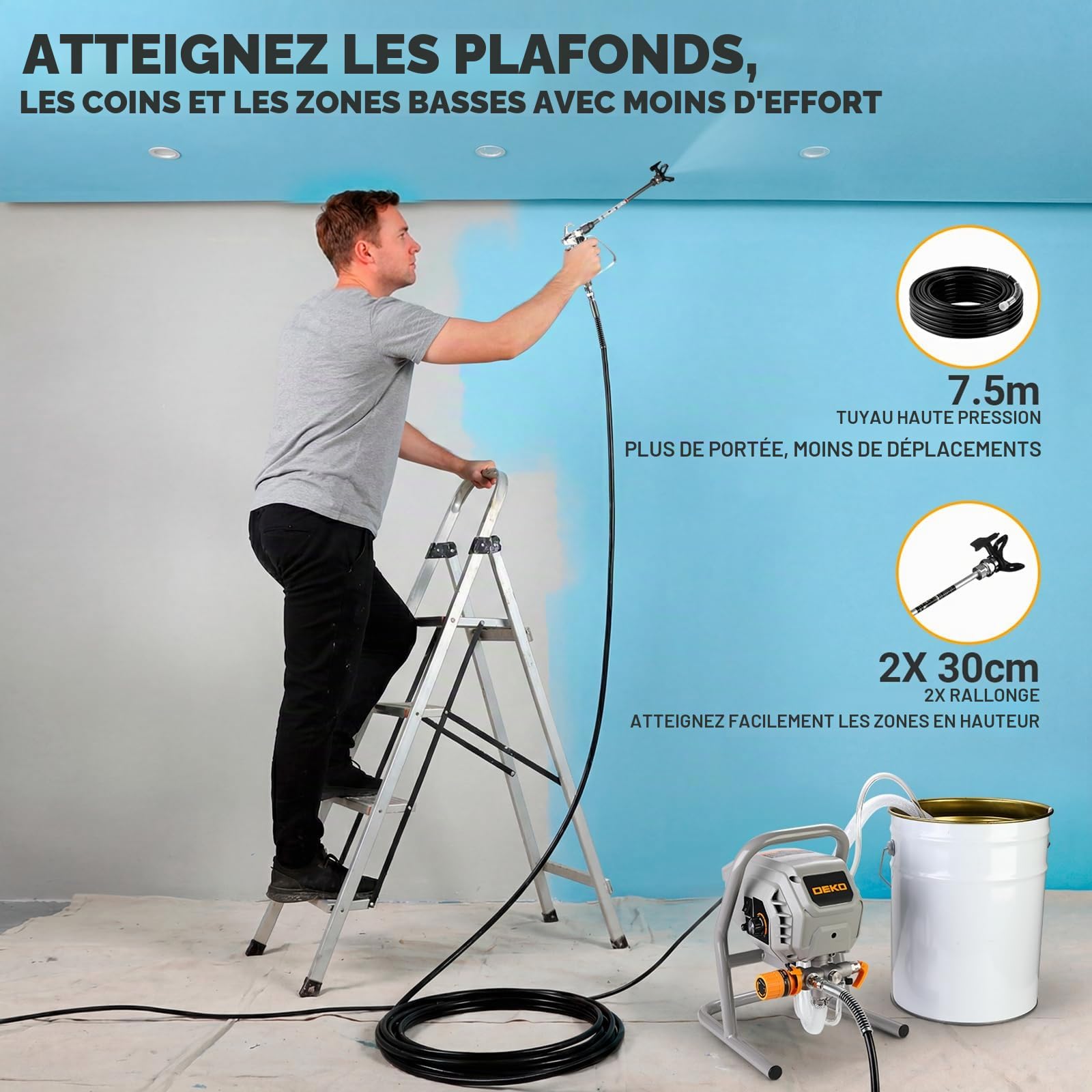 DEKO Pulvérisateur Peinture sans Air 700W 2900PSI, Débit 1,2L/Min, Pulvérisateur Électrique Polyvalent avec Tuyau 7,5M, 2 Rallonges et Buses 311/515 pour Murs, Meubles et Métal