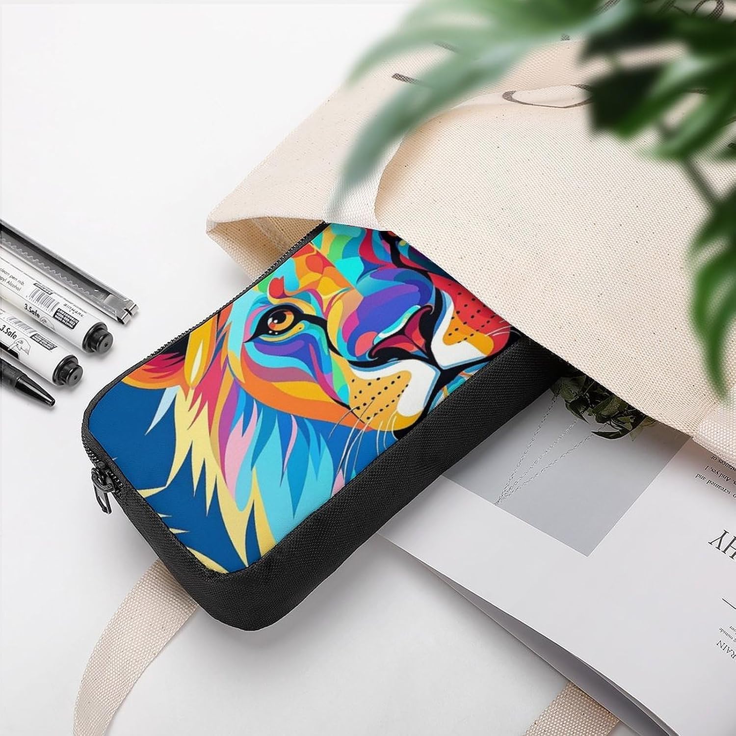 Colorful Lion Pencil Case Multifunctional Pencil Pouch Large Capacity Adults Portable Tool Storage Organizer Bag Marker Case Office Accessory Or Cosmetic Bag image 5