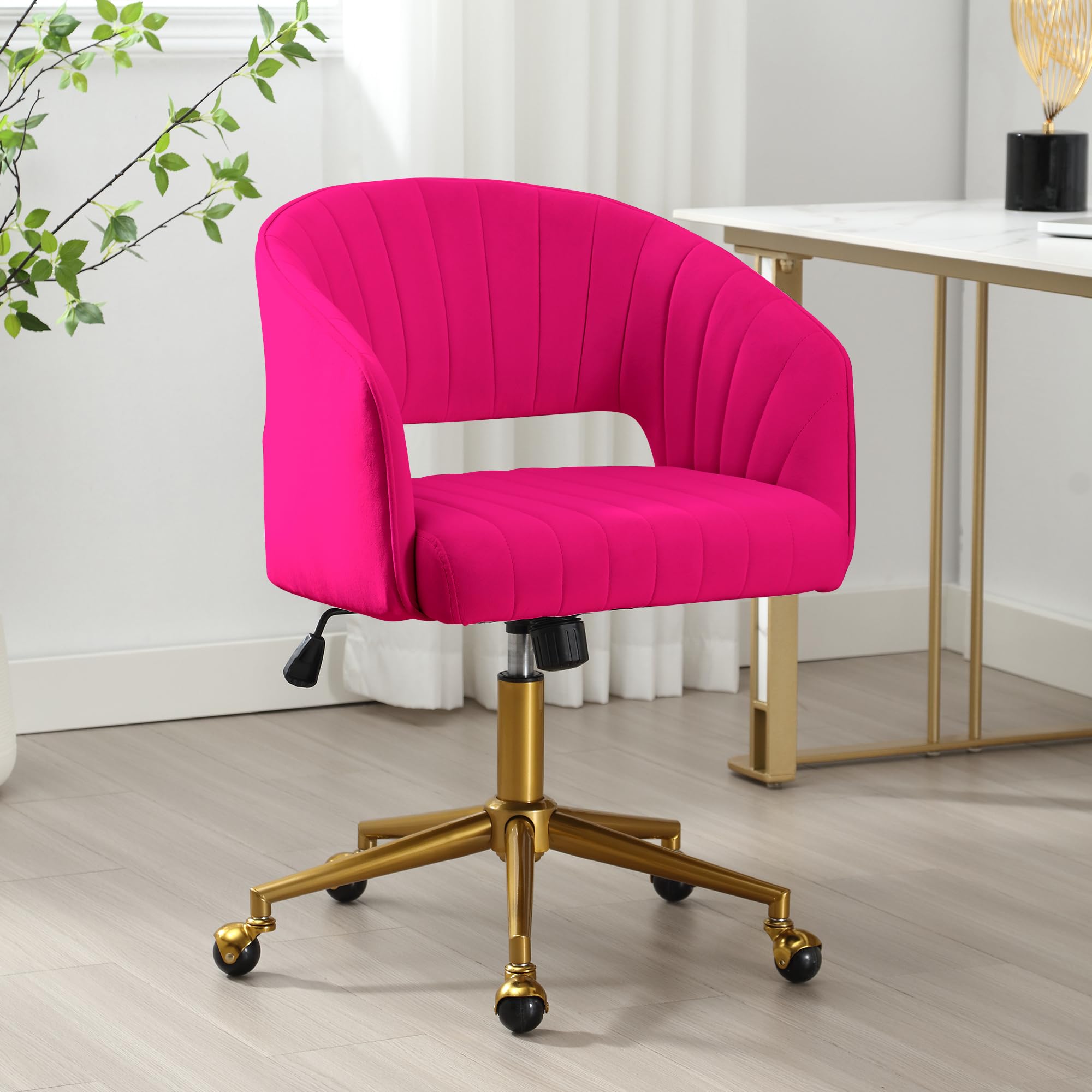 ABET Desk Chair with Wheels, Velvet Home Office Chair, Swivel Armchair Gold Base, Upholstered Modern Accent Chairs, Back Incline Adjustable for Living