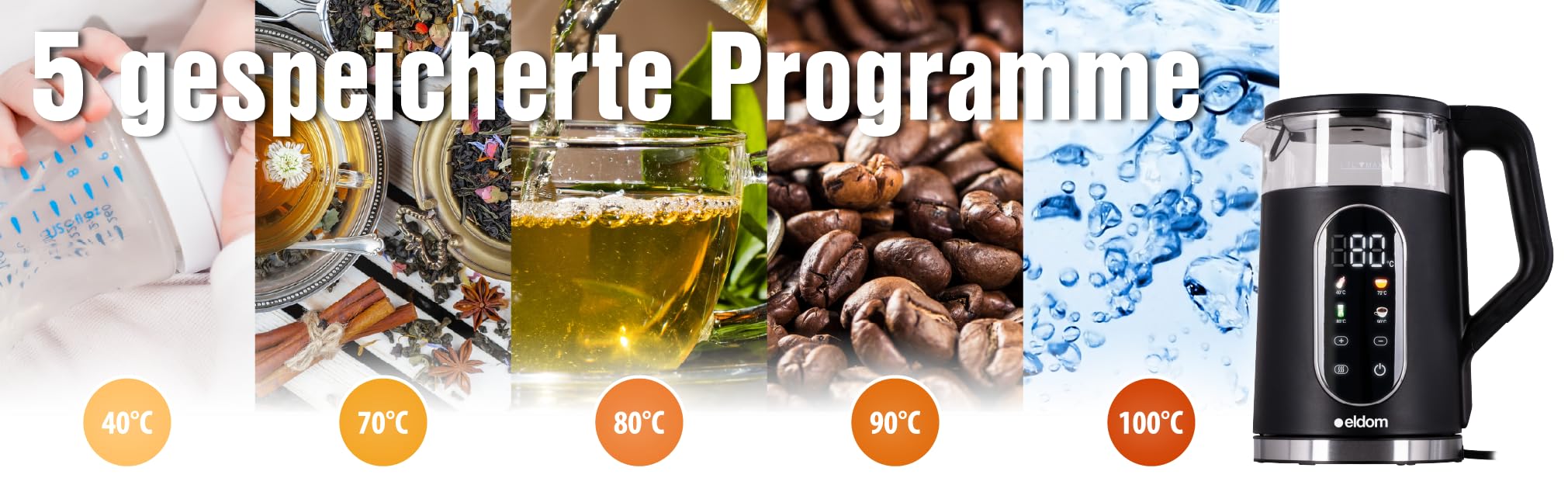 Hervidor de agua de 1,7 l con control de temperatura y función de mantenimiento del calor, 2200 W, pantalla LED, 13 niveles de temperatura, 5 programas (40 – 100 °C), cristal acero inoxidable, sin BPA