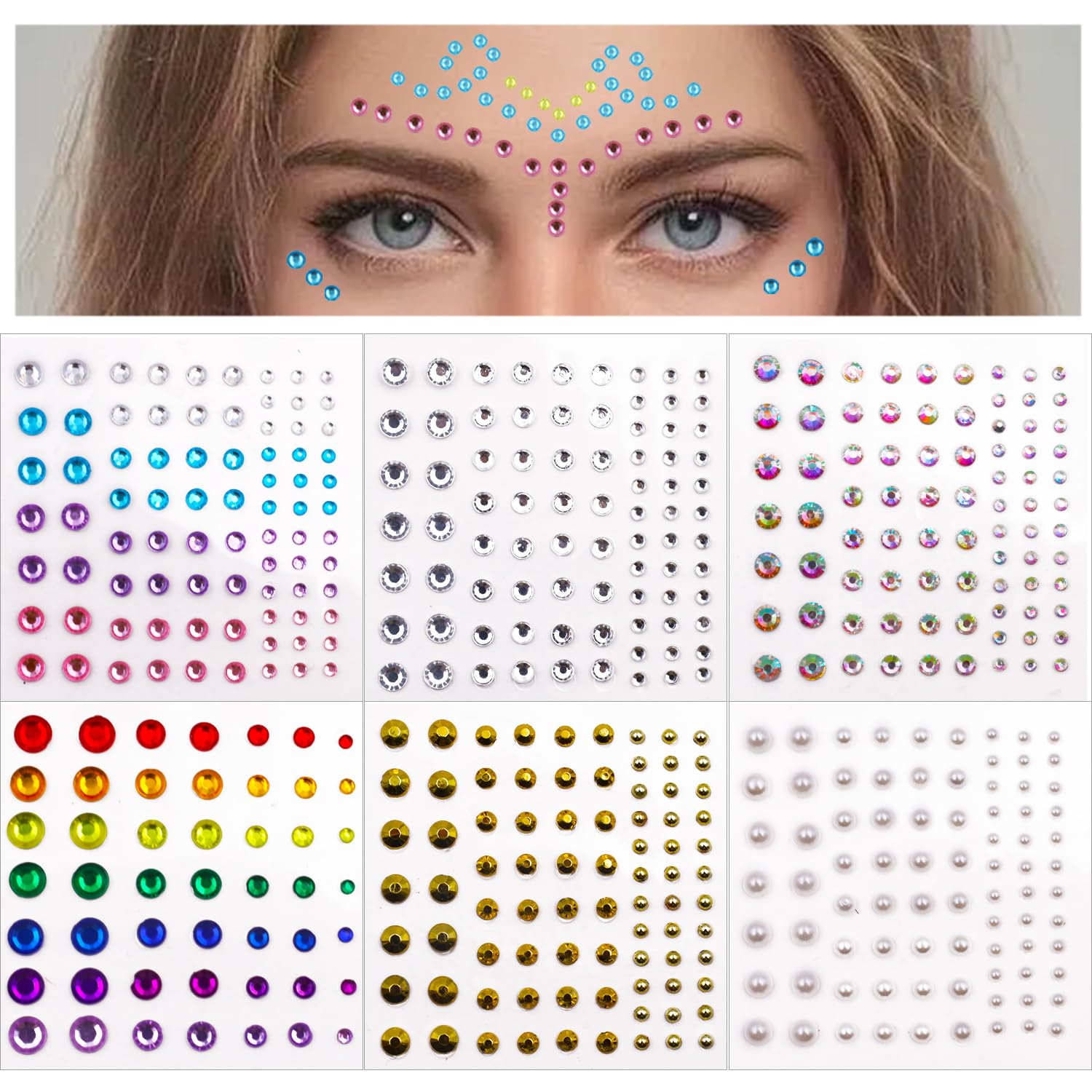BIAO TX Face Gems, 6 Sheets Face Jewels for Women and Girls Self-Adhesive Face Rhinestones for Festival Crystals Stickers Glitter Makeup Gems for Face Eye Nail Body
