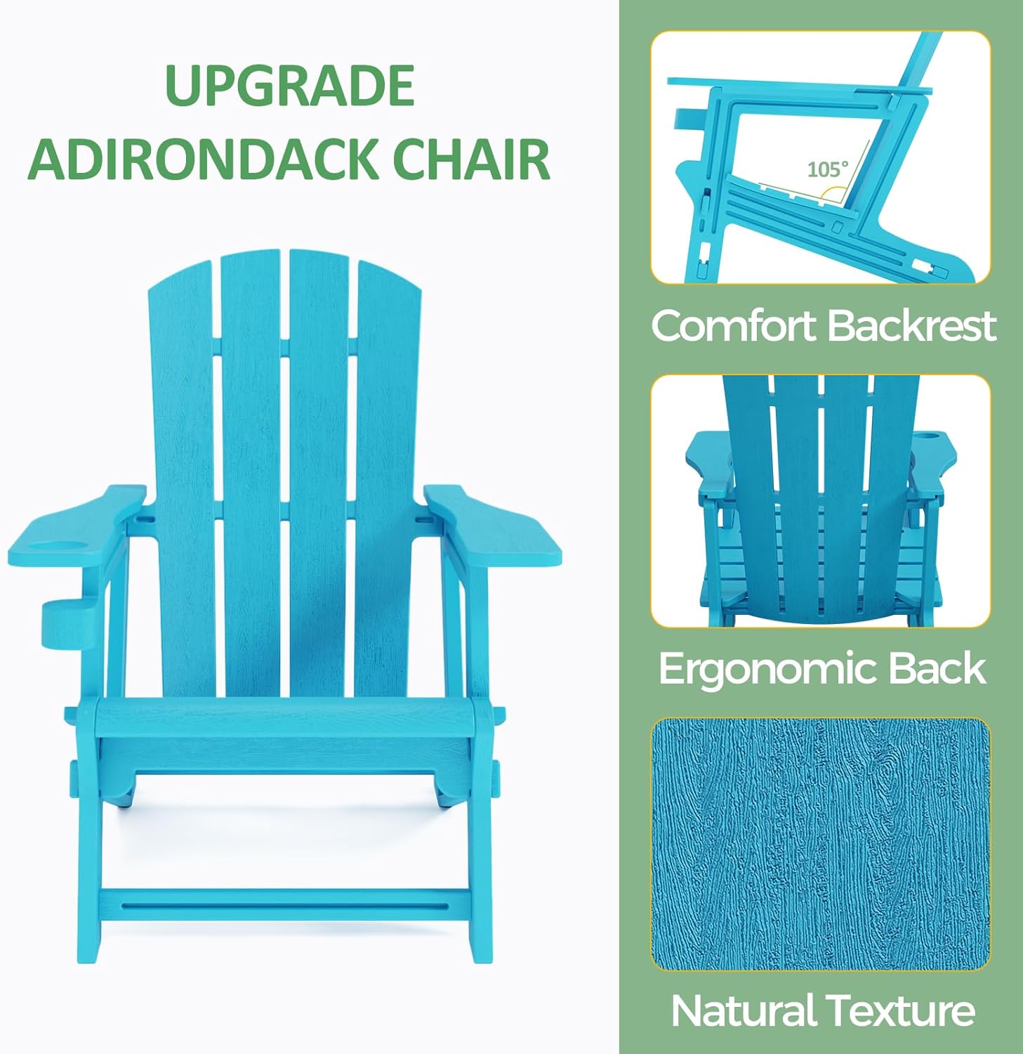 Adirondack Chair, Plastic Outdoor Patio Adirondack with Cup Holder, 400 LBS Capacity Recliner Chair Garden for Backyard Lawn Beach Sky Blue