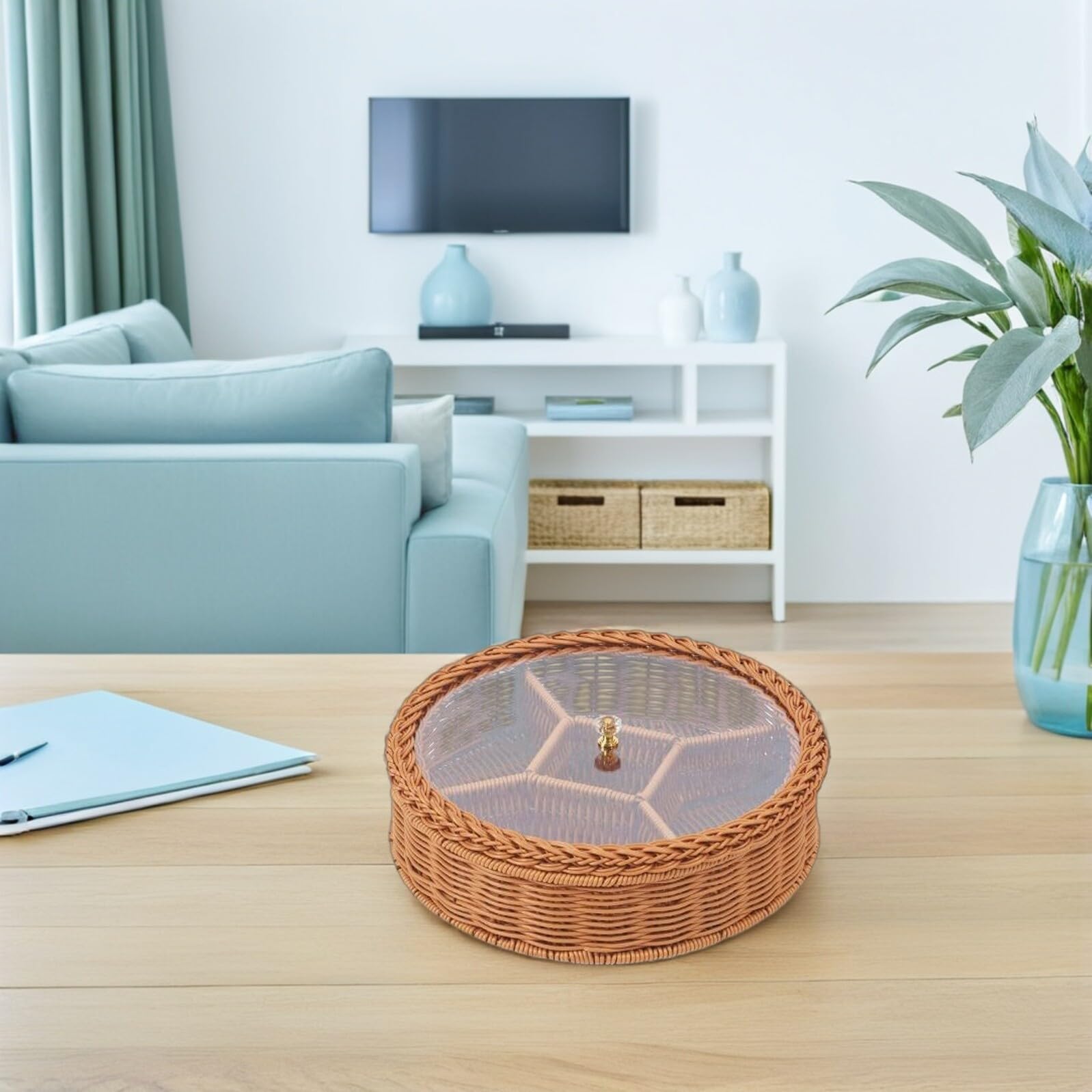 TOYANDONA Panier à Noix Compartimenté en Plastique Transparent, Plateau de Service Multi-usages, Design Tressé la Main, pour Salon et Bureau, Plateau Snacks et Fruits Secs Pratique