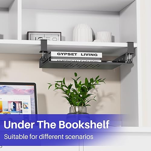 Miniatura 7 de Soporte de computadora portátil sin taladrar debajo del escritorio, estante de almacenamiento de metal debajo del escritorio con gestión de cables