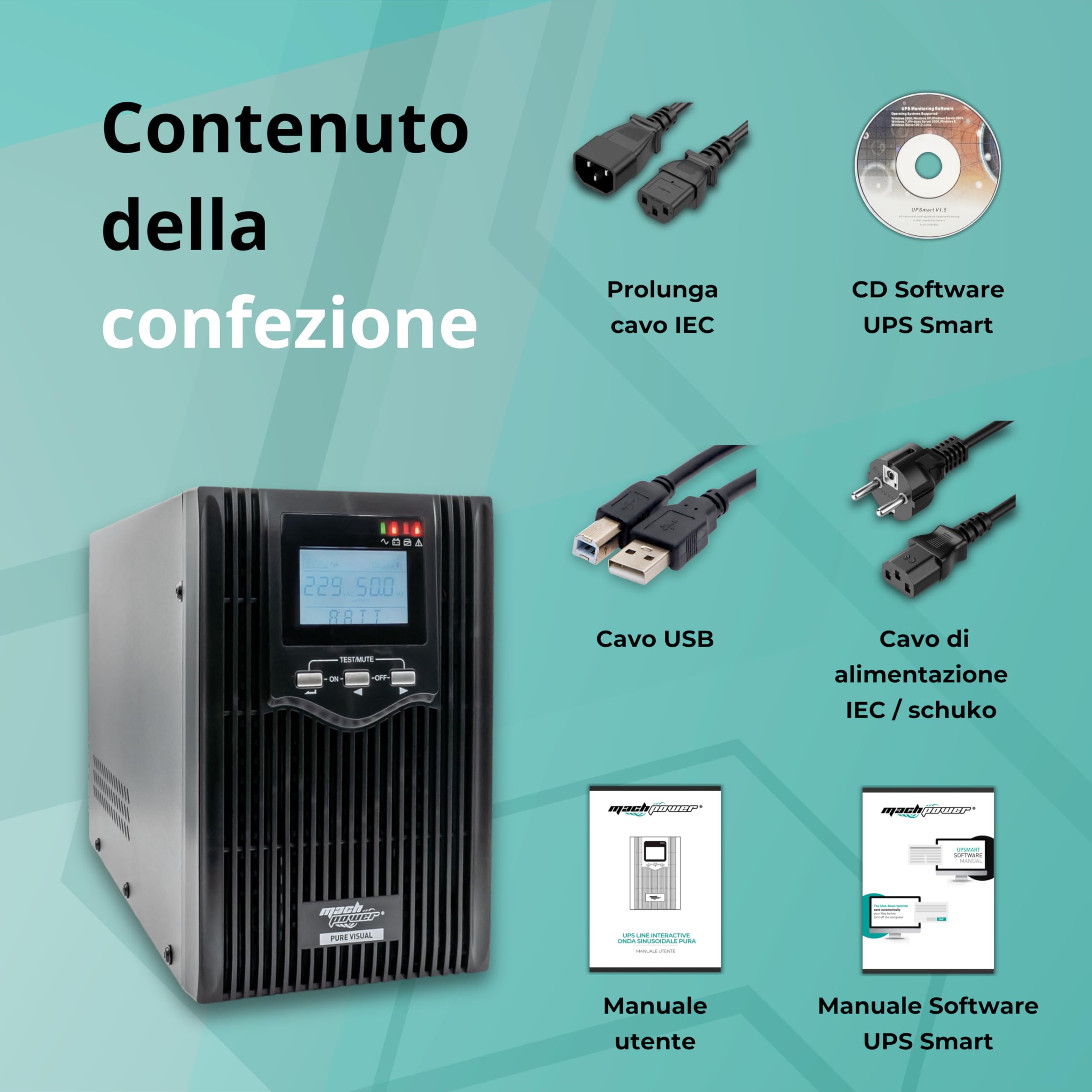 UPS line interactive 3000VA/2400W onda sinusoidale pura AVR 4 batterie 12V/9Ah 3 uscite IEC gruppo continuità per PC