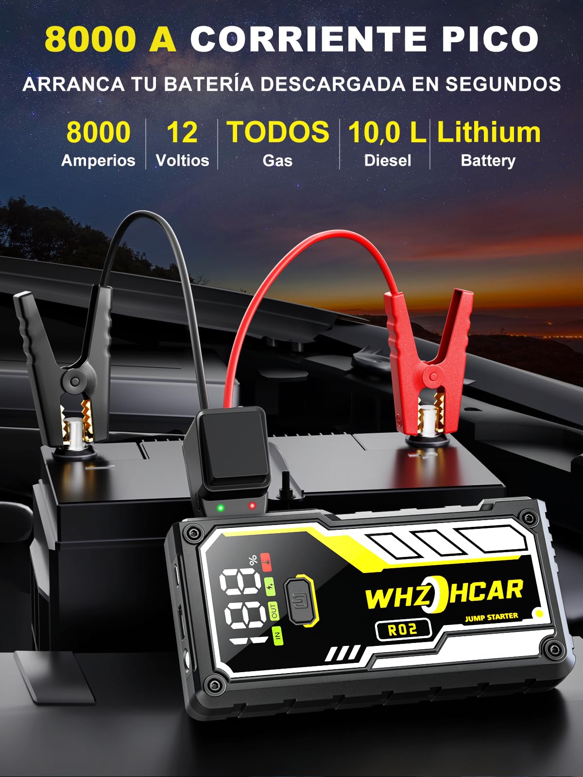 Arrancador Portátil para Coches de 8000A Arrancador de Baterias de Coche 12V Arrancador de Coches para Todos Gasolina o 10L Diesel con Cables Inteligentes, Linterna LED y Pantalla LCD