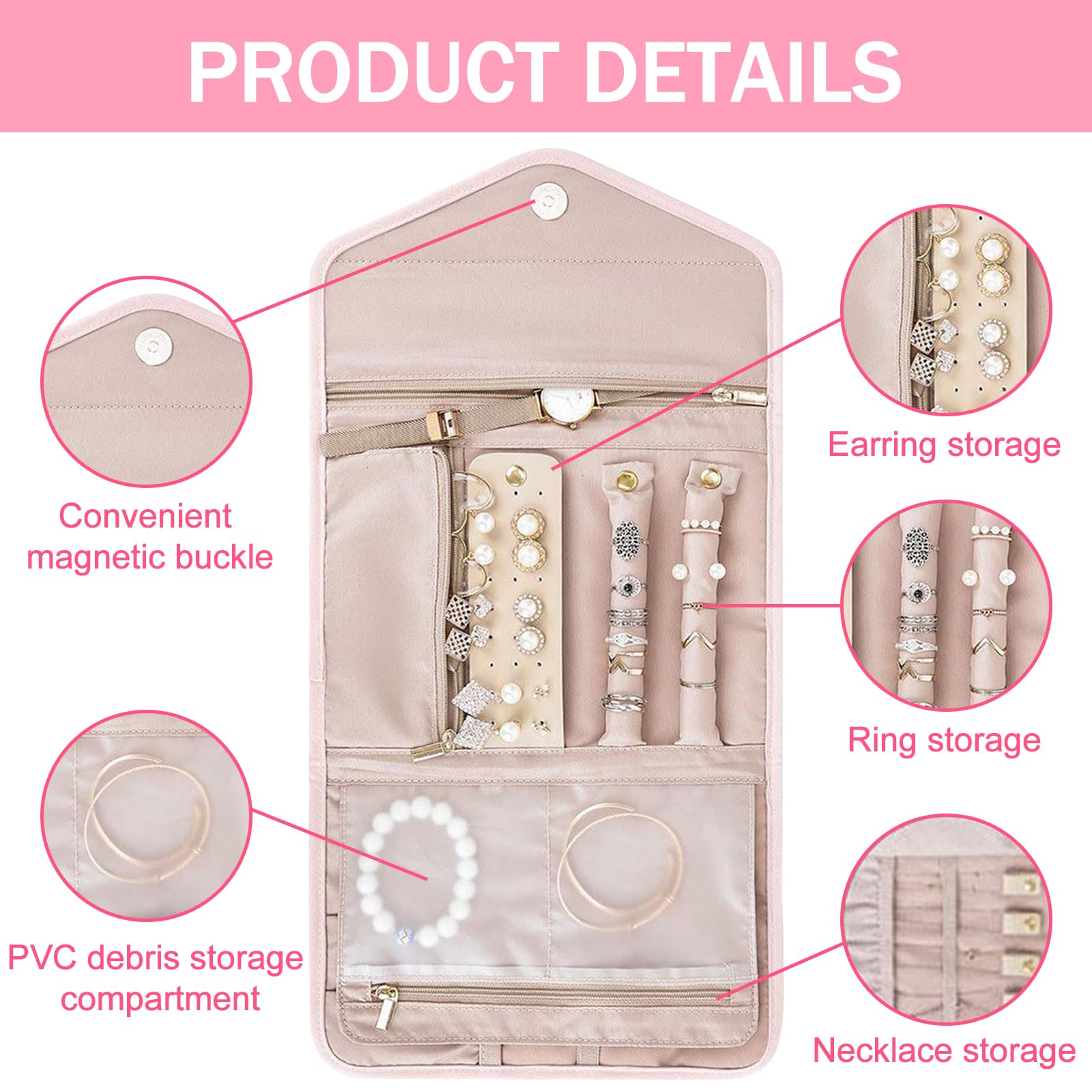 6 piezas Organizador de Joyas, Bolsa de Rollo de Joyería, Bolsa de Almacenamiento de Joyas, con Diseño de Espacio Múltiple, para Collares, Pulseras, Pendientes, Anillos