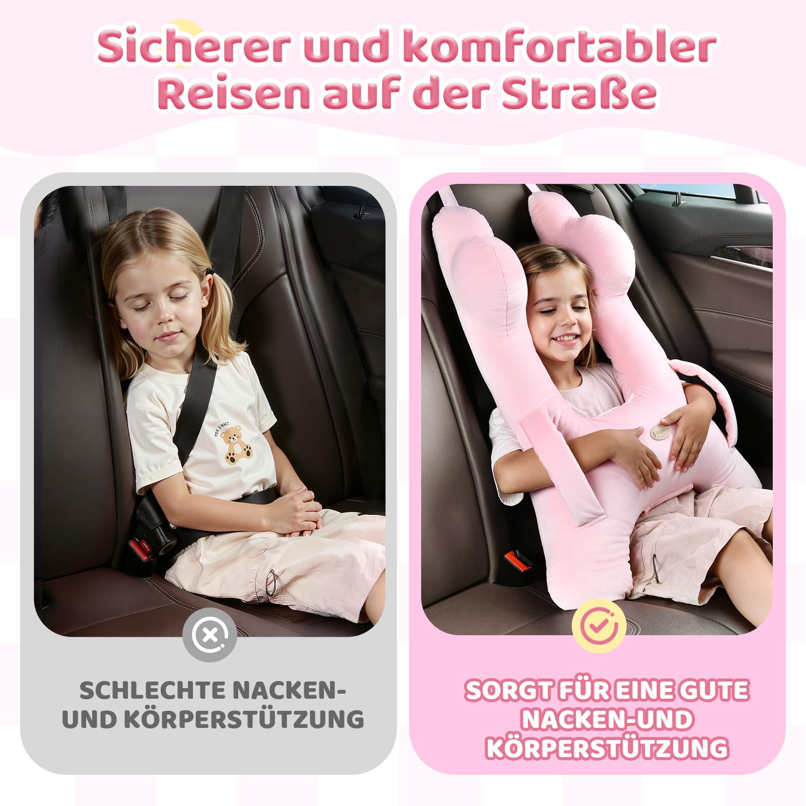 FLORICH Almohada Viaje Niños Almohada, Almohada d Esmontable en Forma de H Transpirable para Vacaciones en Coche (Rosa02)