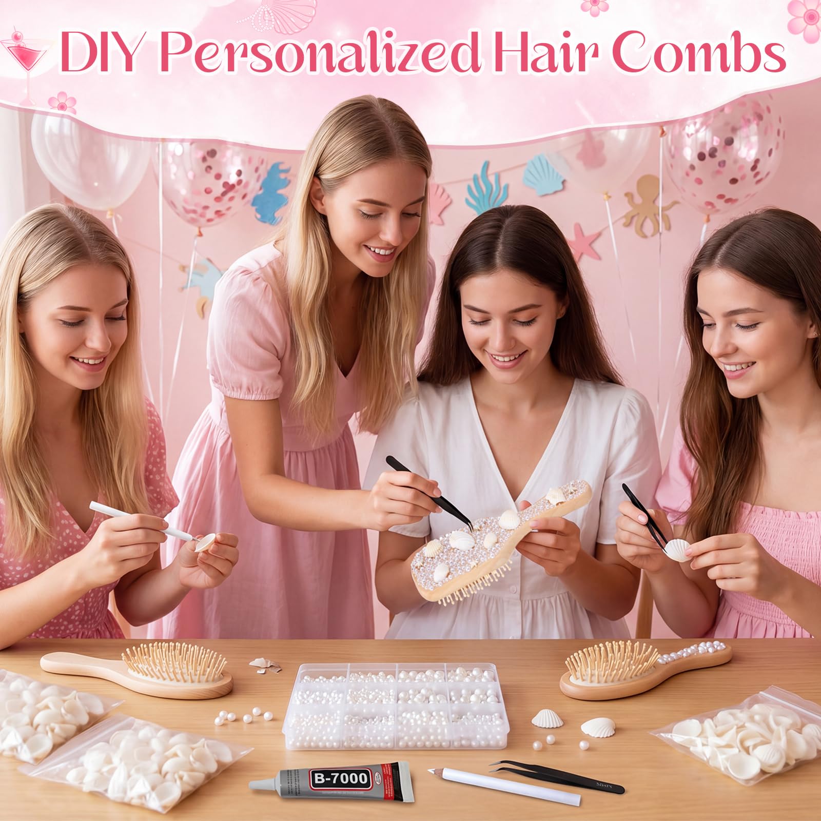 Meanplan Juego de 12 cepillos de madera para el pelo – Cepillo de bambú para hacer tu propio juego con perla, concha, estrella de mar y encaje para niñas, fiesta nocturna, boda, cumpleaños, actividad