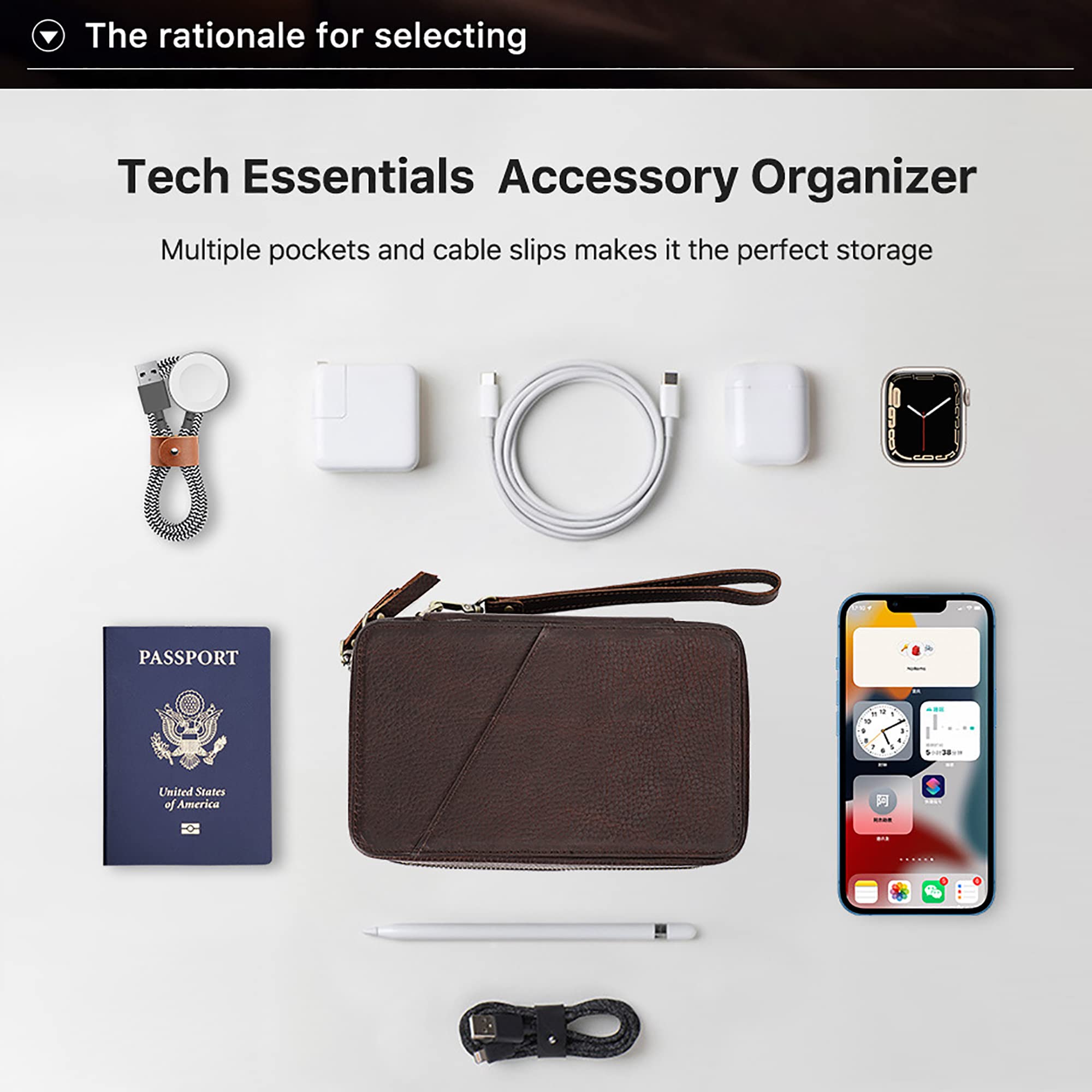 Organizer da viaggio in vera pelle per cavi USB, schede SD, caricabatterie, passaporto, contanti, telefono, orologio, penna elettronica