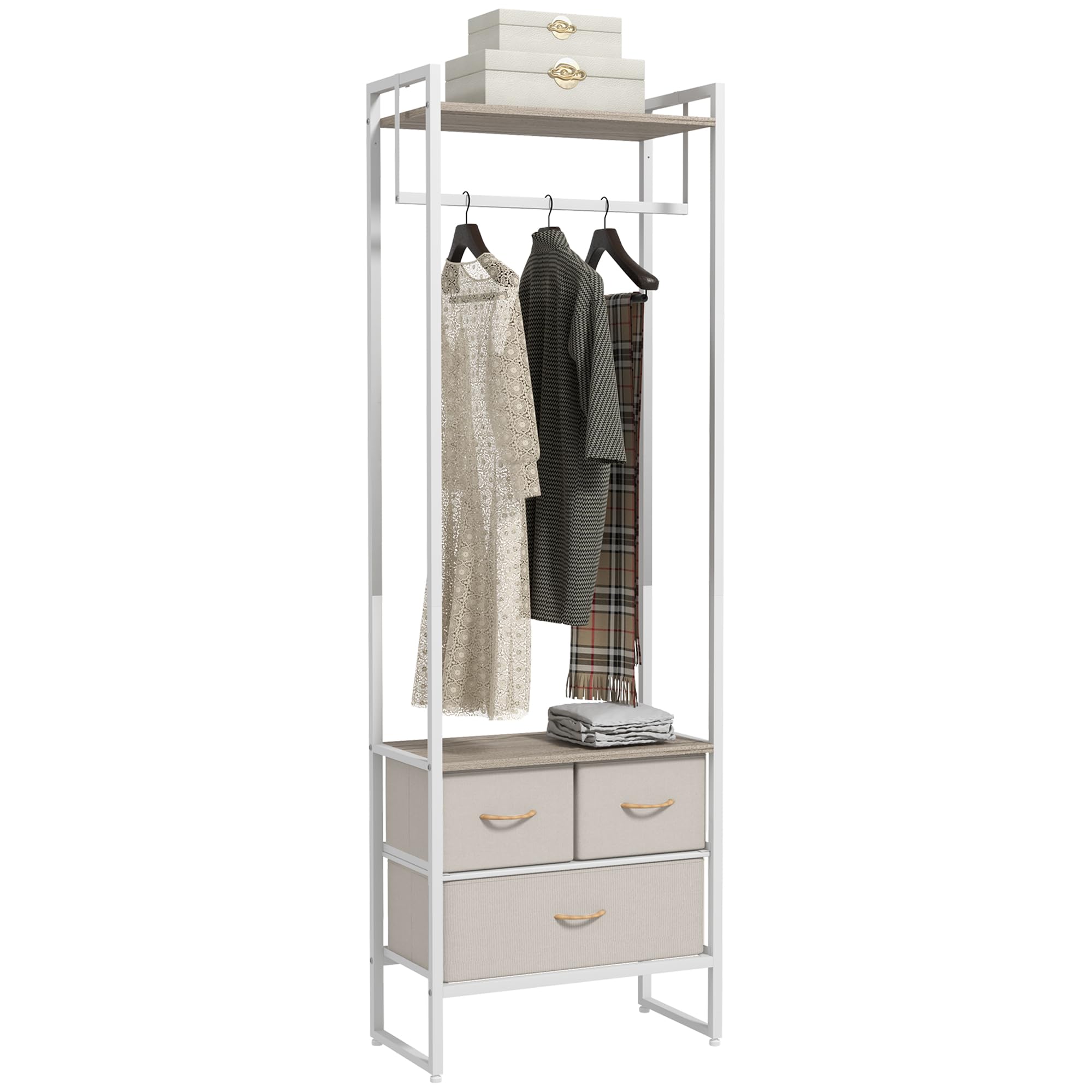 HOMCOM Perchero para Ropa Perchero Recibidor con 3 Cajones de Tela Barra para Colgar y Estante de Almacenamiento para Pasillo Dormitorio Sala de Estar 58,5x30x178 cm Natural
