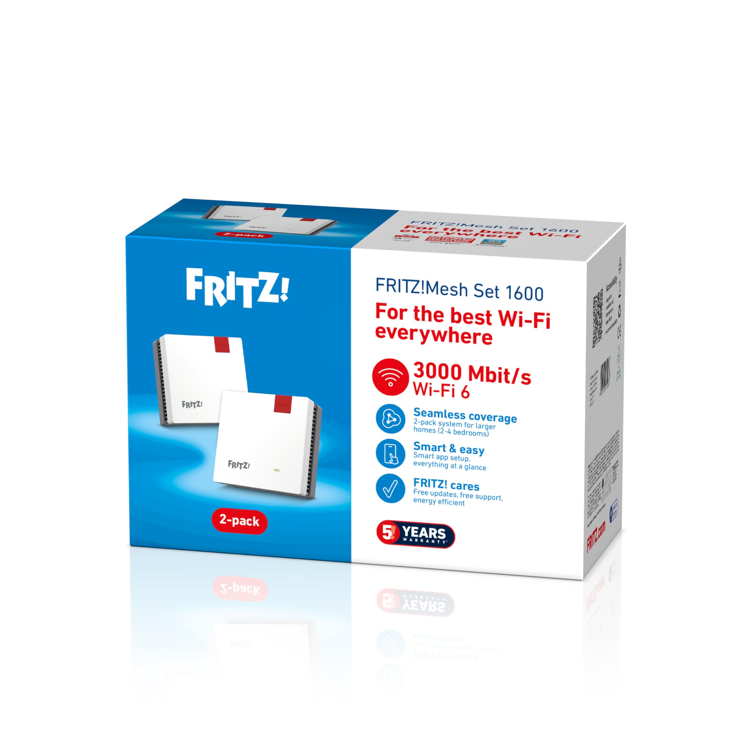 Fritz!Mesh Wi-Fi Set 1600 (2er Pack) - Mesh WiFi bis zu 3000 Mbit/s, Dualband, Plug & Play, kompatibel mit Allen Routern, Kostenlose Updates, Made in Europe, 5 Jahre Garantie, für 5 Zimmer
