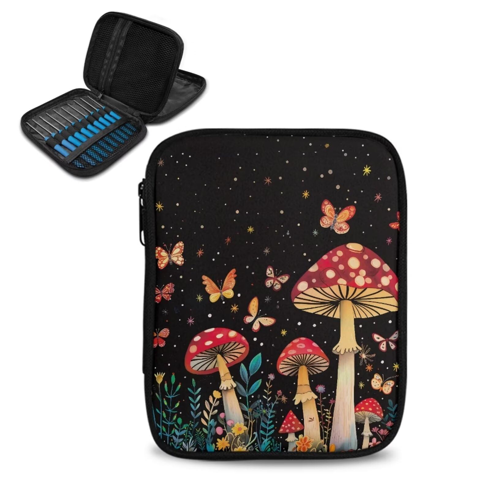 Mushroom Crochet Hook Case with Web Pockets Floral Crochet Storage Organizer with Web Pockets Knitting Needle Case for Hooks, Knitting Needles Supplies