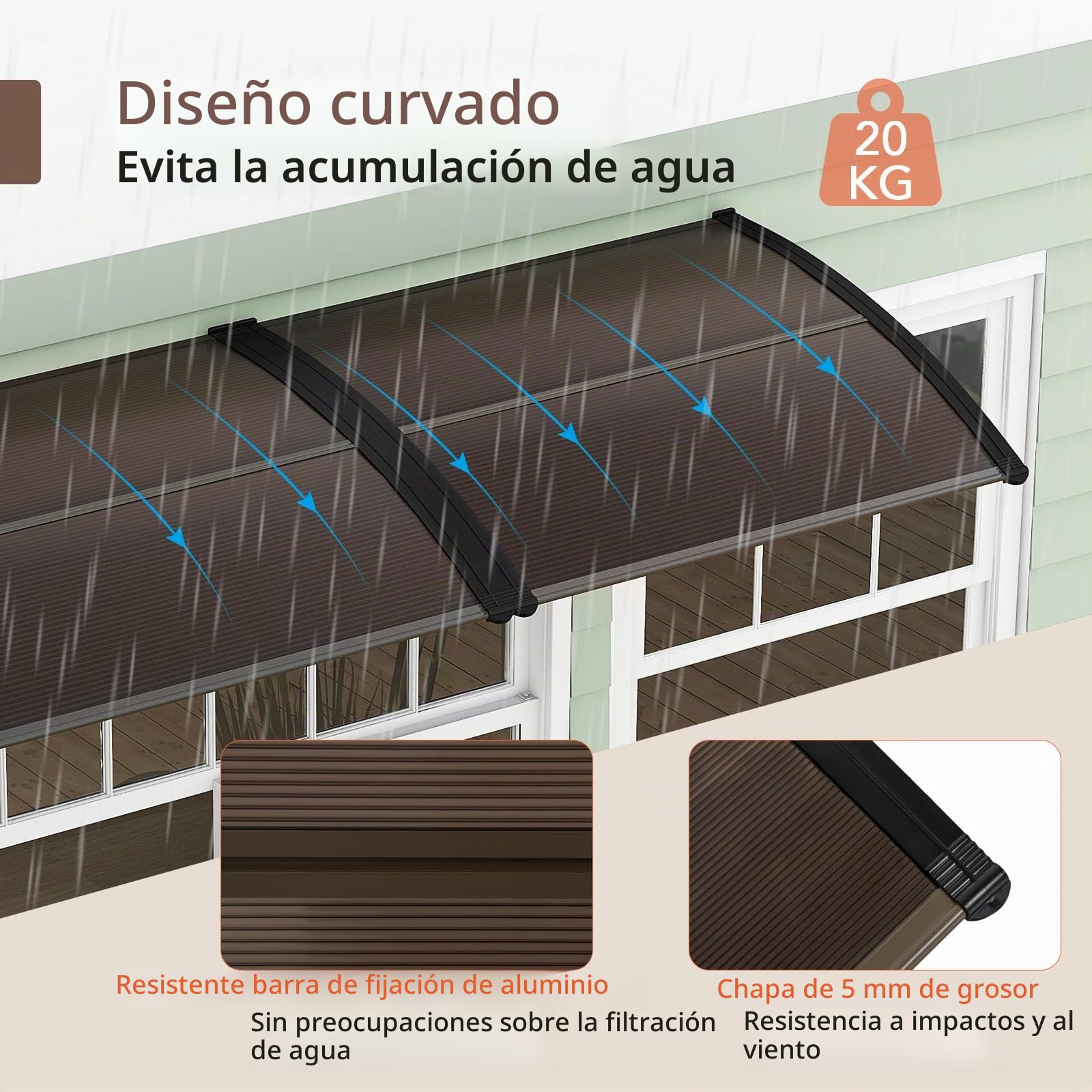 RELAX4LIFE Marquesina Puerta Exterior 122x99cm, Marquesina Policarbonato de ABS+PVC con Marco Aluminio, Toldo para Protección contra Sol, Lluvia y Viento, Toldo para Hogar, Tiendas, Cafeterías (Café)