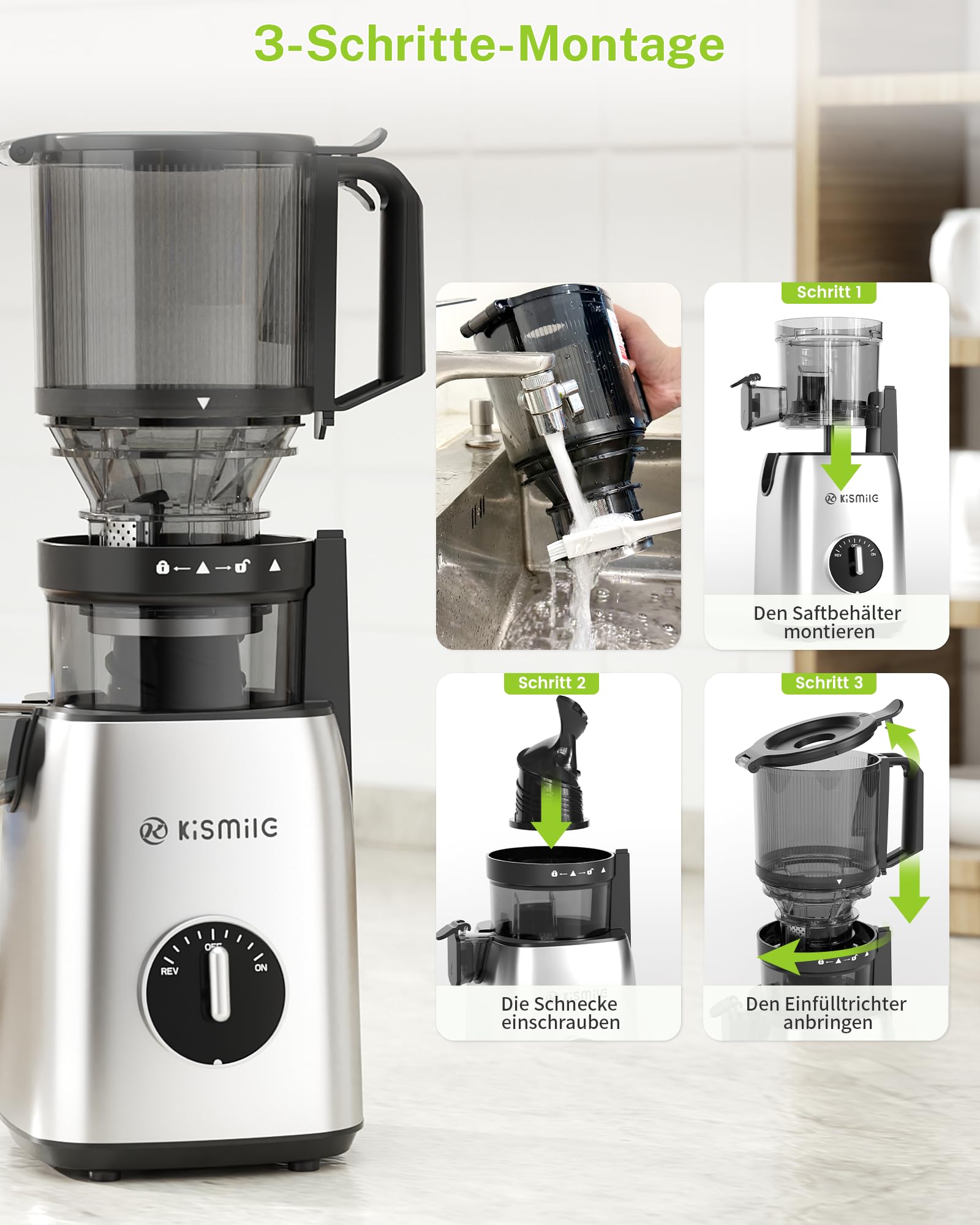 Kismile Sokowirówka, Slow Juicer z otworem wlotowym XL 135 mm, wysoka wydajność soku z całych warzyw i owoców, łatwa do czyszczenia, smukła konstrukcja z pokrętłem