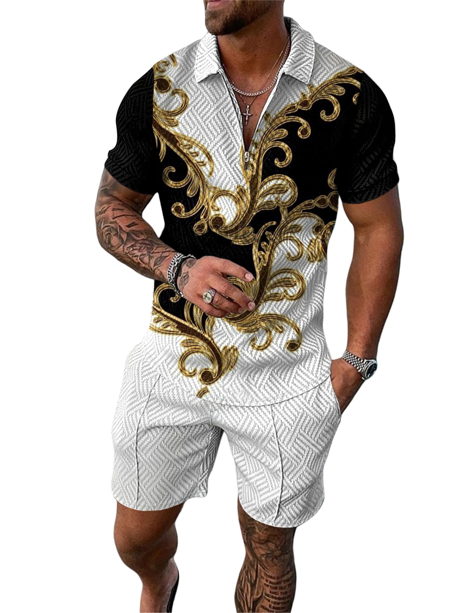 MQUN Summer men short sets outfits 2 Piece Short Sleeve Polo Shirt Shorts Set men short sets outfits Casual Sport Suit