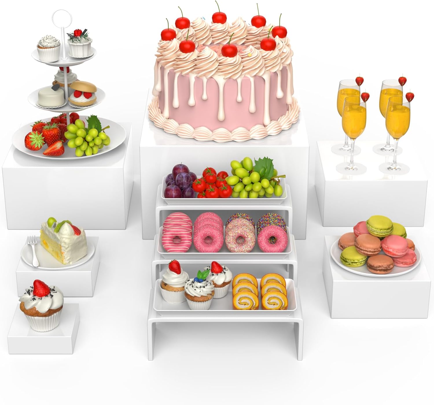 9PCS Buffet Risers and Stands, Food Risers for Buffet Table, White Acrylic Boxes Risers and Display Stand, Includes 6PCS Cube Boxes (10", 8", 7", 6", 5", 4") and 3PCS Display Stand ( 9"*3"*5"/ 4"/ 3")