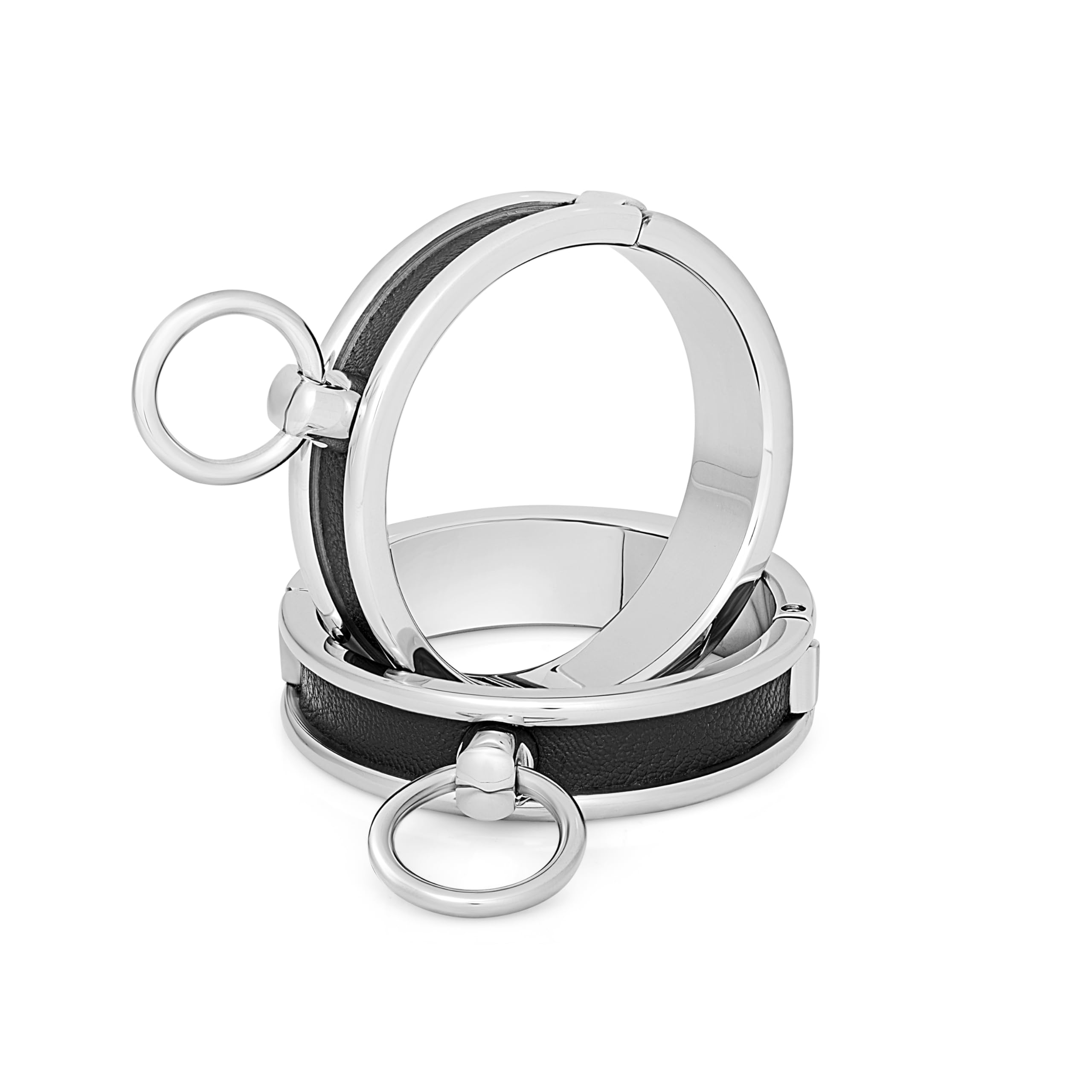 Premium Edelstahl BDSM Handschellen mit O-Ring und Ledereinsatz (Innen Ø : 70 mm)