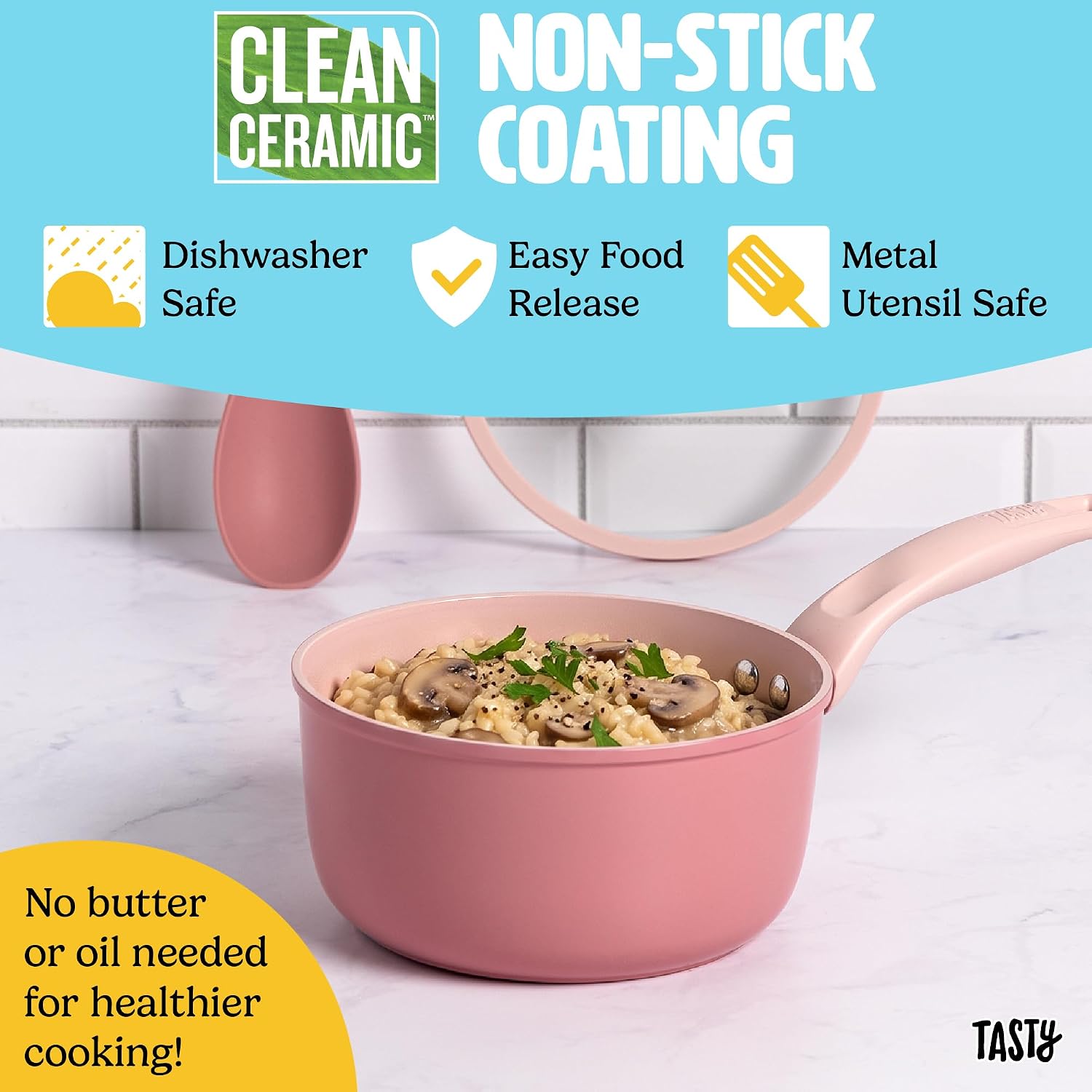 Tasty Ceramic Saucepan with Glass Lid, Silicone Spoon, Healthy Nonstick, Sauce Pot, Even Heating, Easy to Clean, Made without PFAS, PFOA, PFOS and PTFE, Dishwasher Safe, 2-Quart. 3-Piece Set, Pink