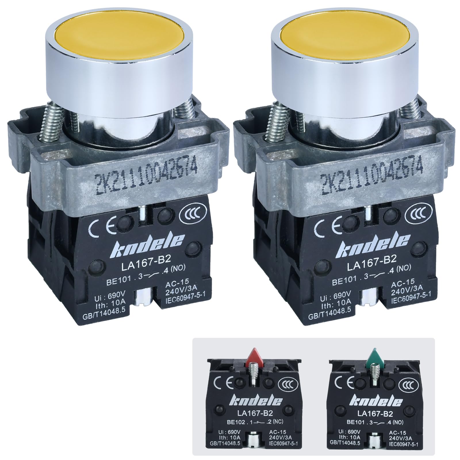 2Pcs 22MM Momentary Push Button Switch 10Amp Yellow 1NO 1NC SPDT Metal Head Waterproof IP65-image-42