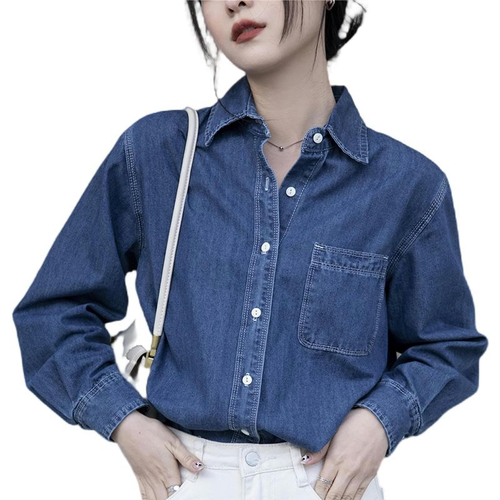 Blaues Jeanshemd für Damen, Frühling, langärmelig, Design-Oberteil - Blau - XL