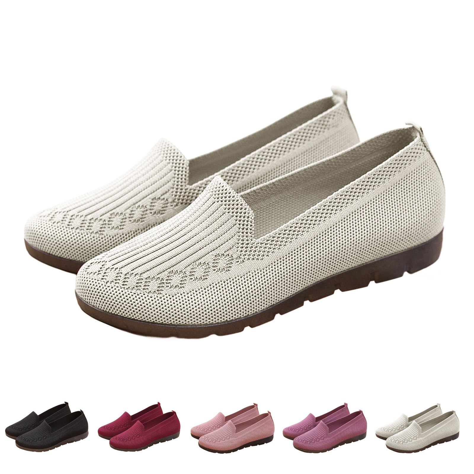 Women's Knitted Flat Shoes Extra Wide Eee Fit Lightweight Comfortable Loafers Women Footwear Slip on Casual Breathable Mesh Walking Shoes Low-Top Round Toe Trainers Clearance Gifts