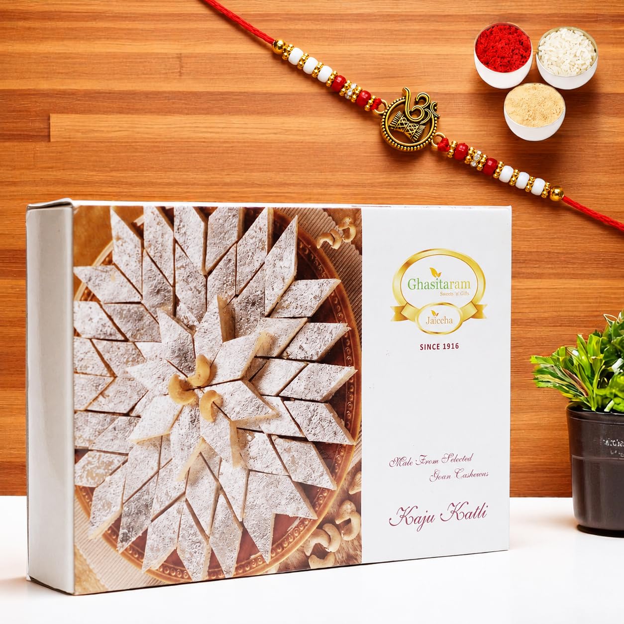 Ghasitaram Gifts Rakhi Gifts For Brother Rakhi Sweets - Ghasitarams Pure Kaju Katlis Box 200 gms with Om Rakhi-image-20